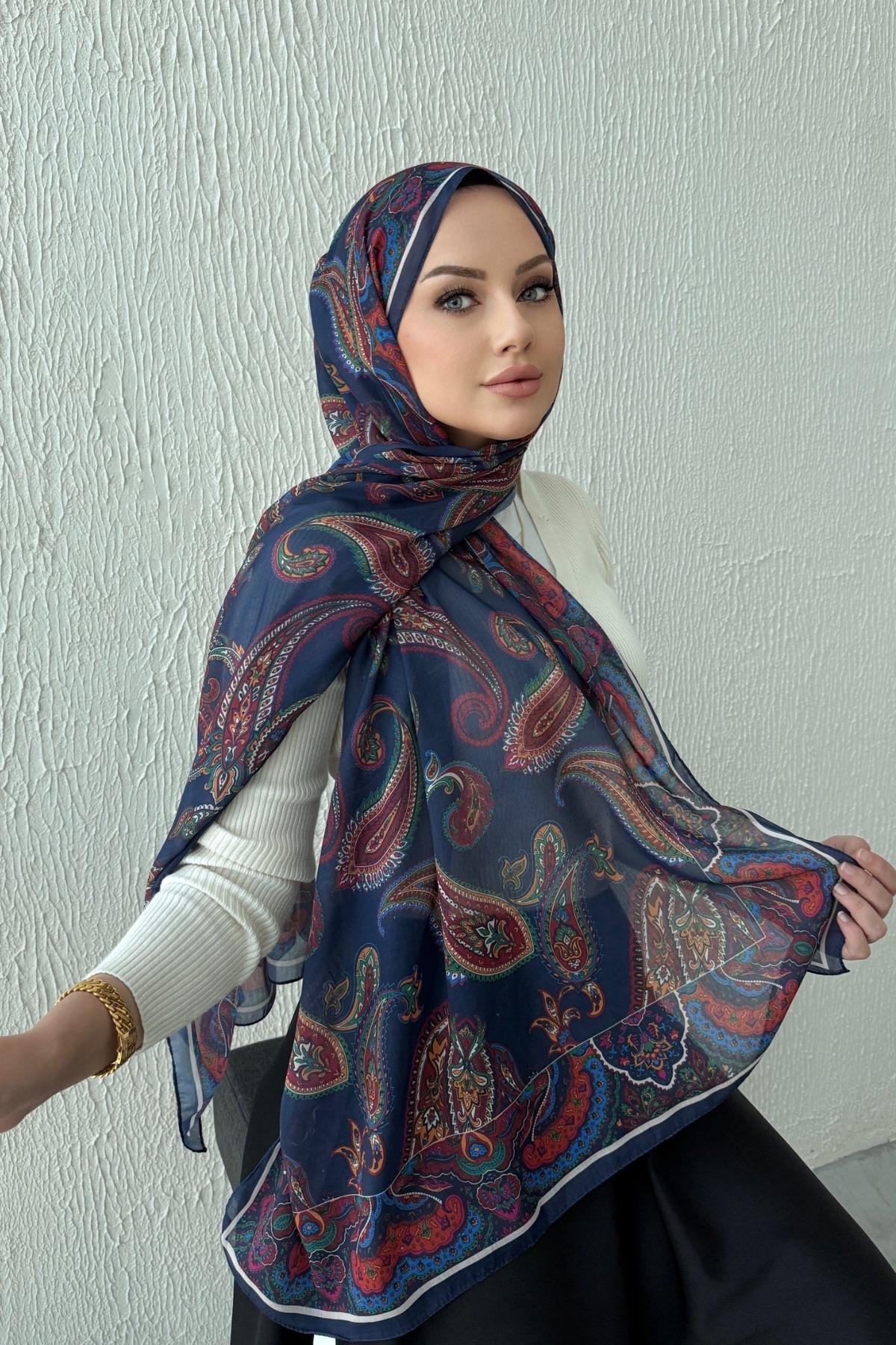 Lacivert & Bordo Şehrazat Bohem Modal İpek Şal