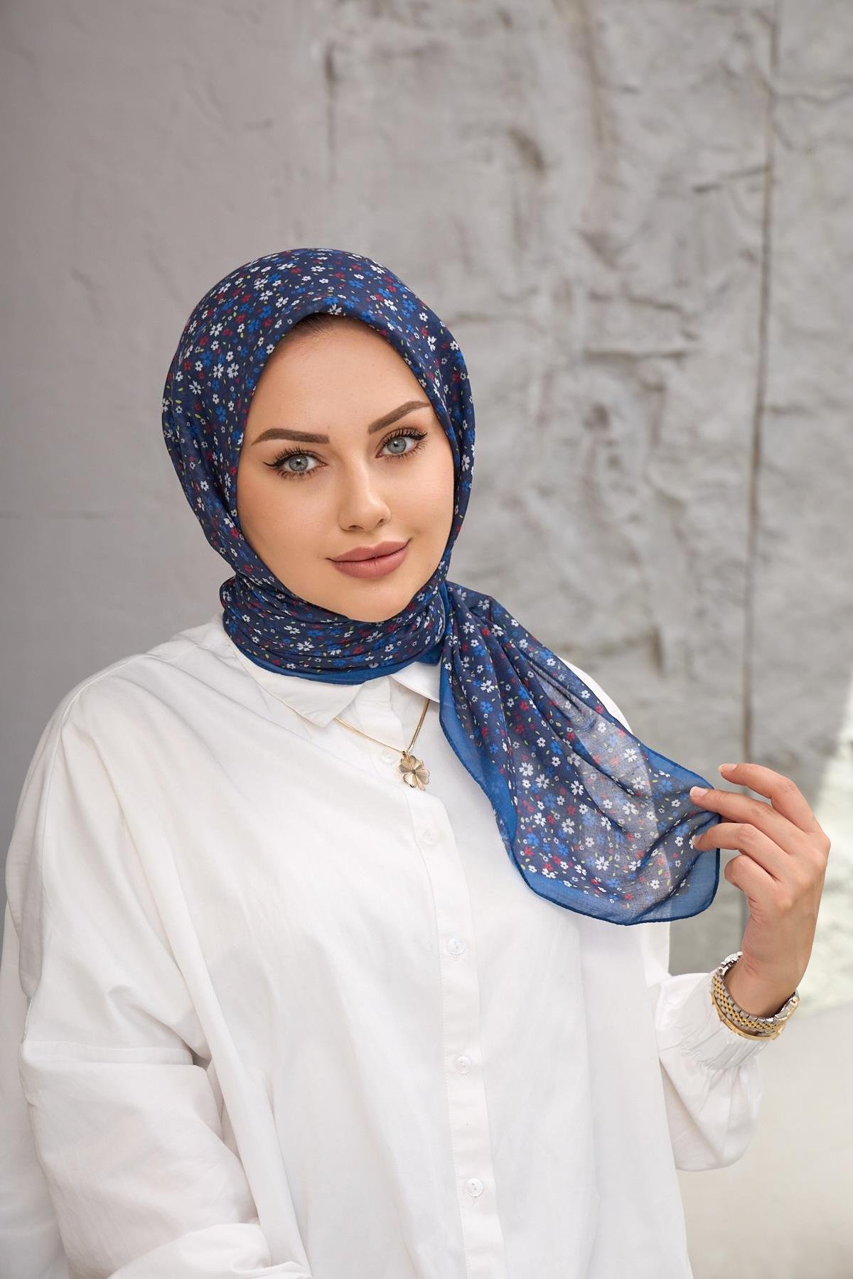 Lacivert Çicek Dijital Soft Eşarp 