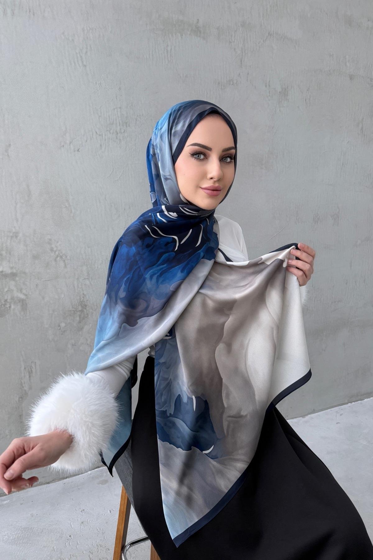 Lacivert Eftelya Kumlu İpek Şal 