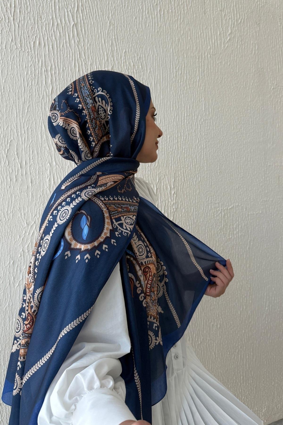 Lacivert Etro Etnik Vual İpek Şal 