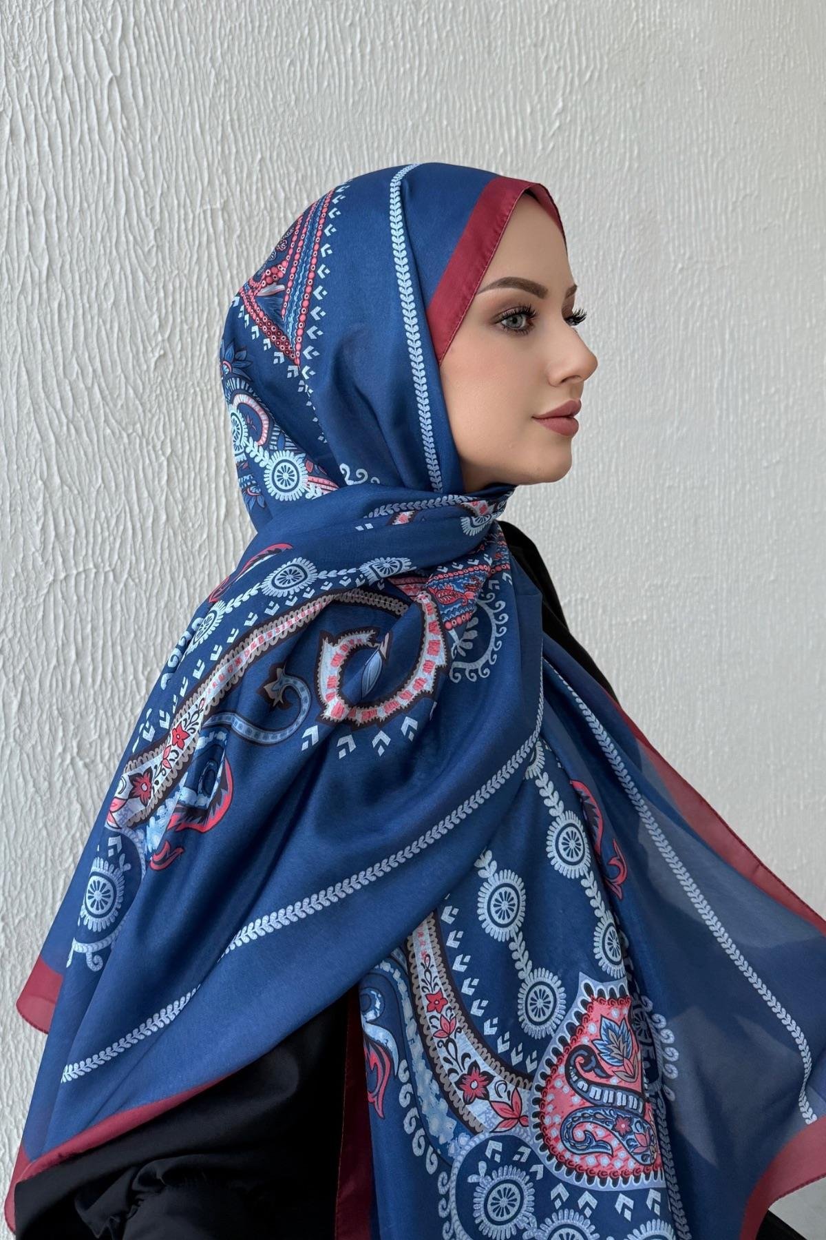 Lacivert Etro Etnik Vual İpek Şal 