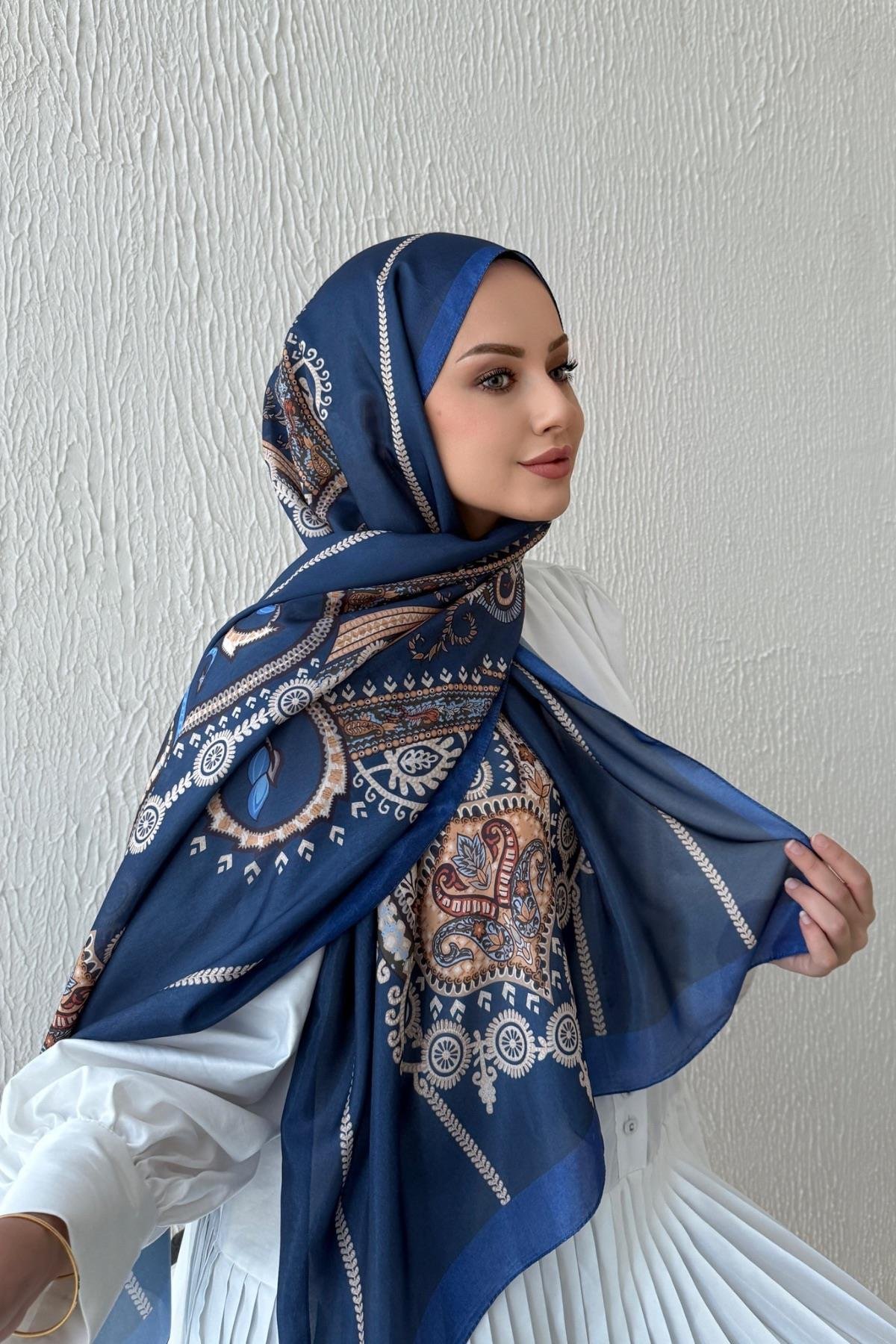 Lacivert Etro Etnik Vual İpek Şal 