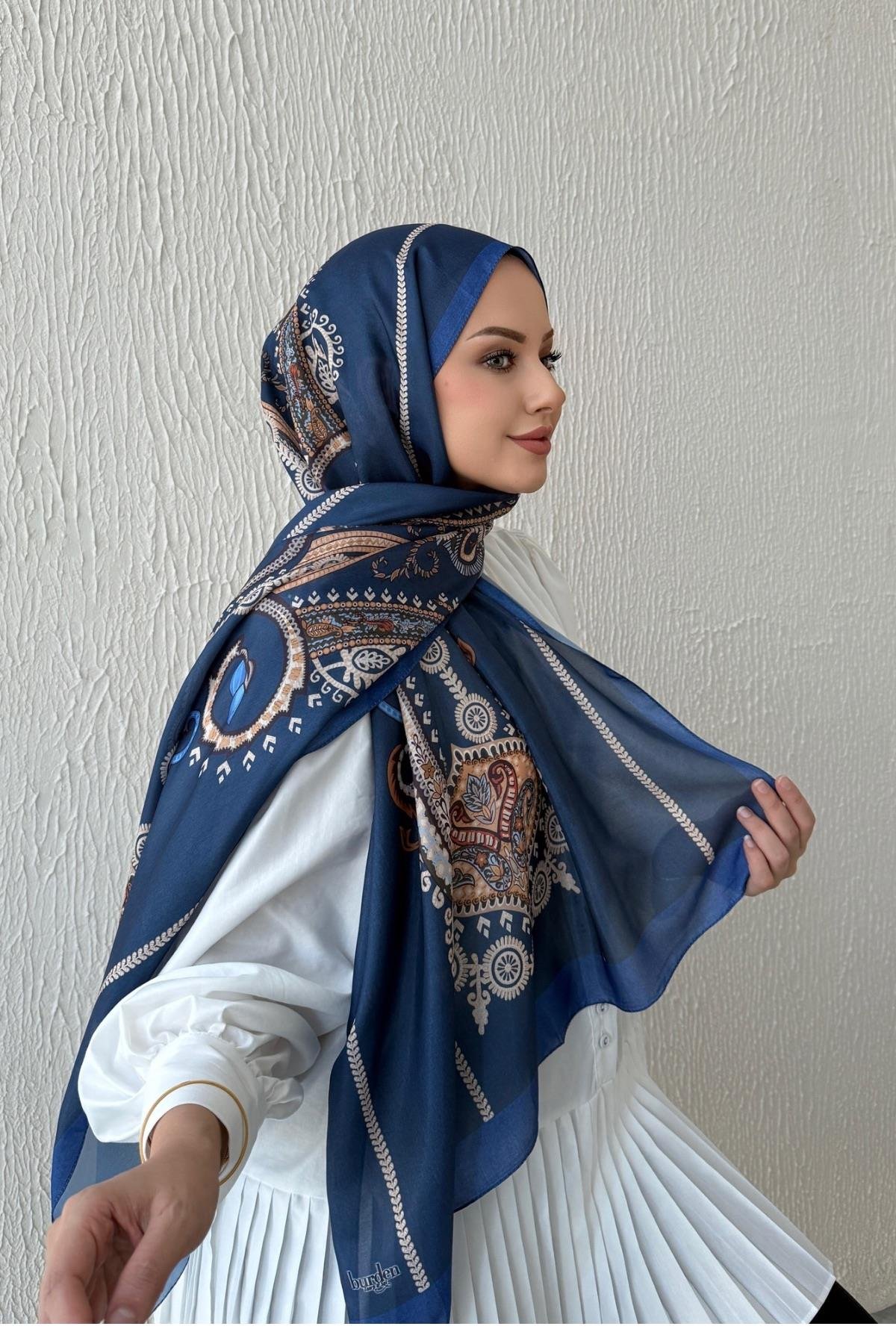 Lacivert Etro Etnik Vual İpek Şal 