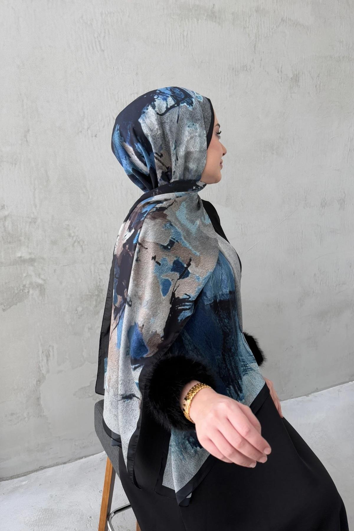 Lacivert Feriha Kumlu İpek Şal 