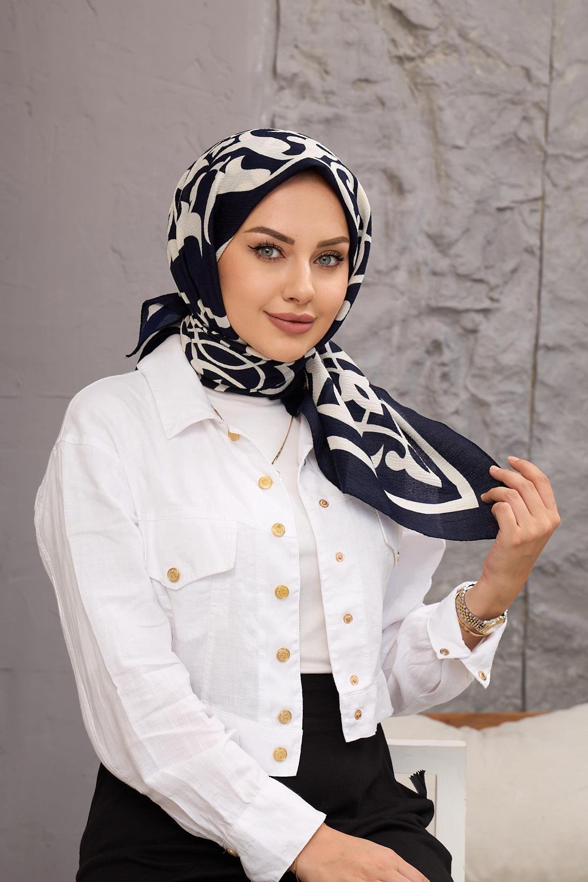 Lacivert Karma Desen Naturel Eşarp