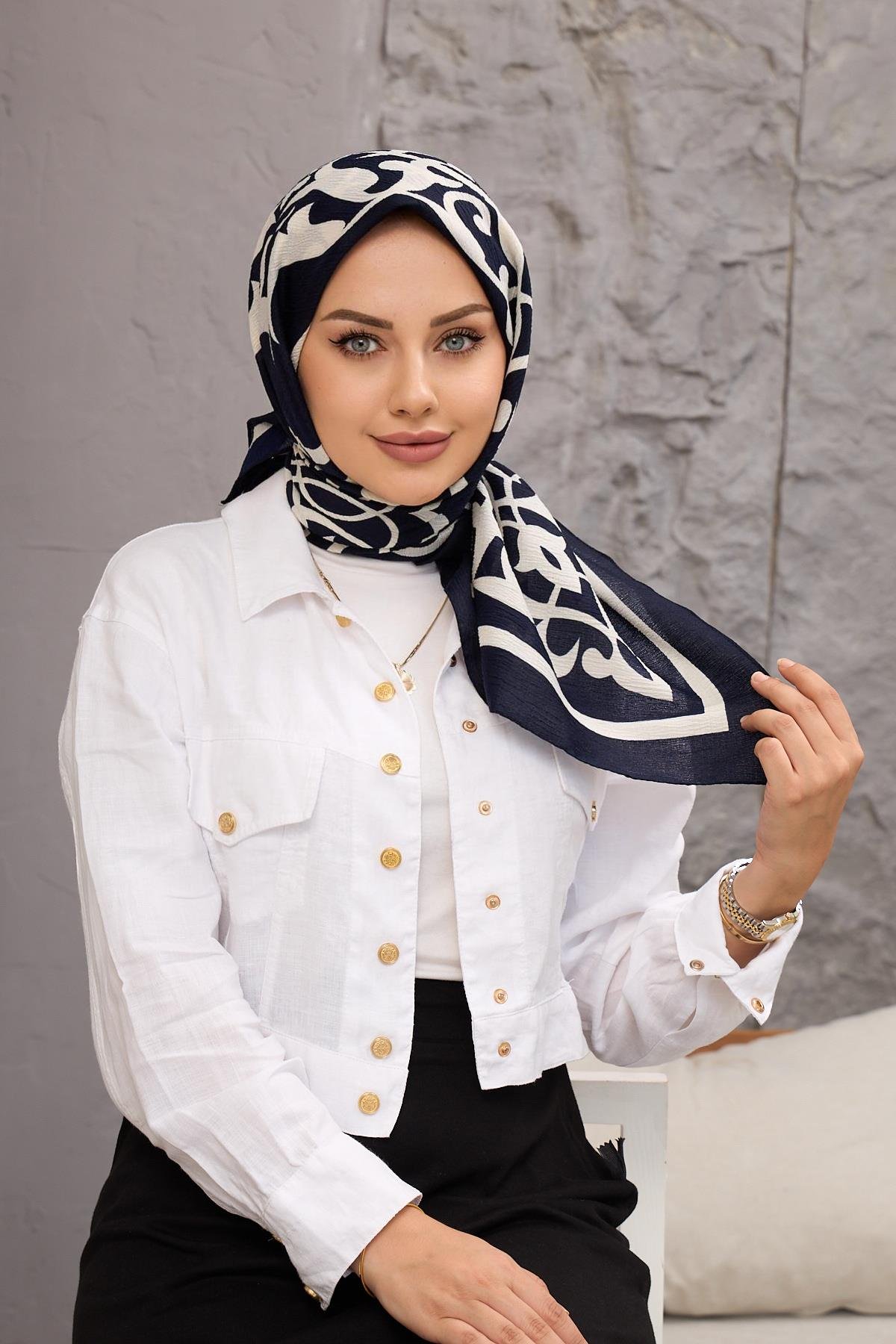 Lacivert Karma Desen Naturel Eşarp