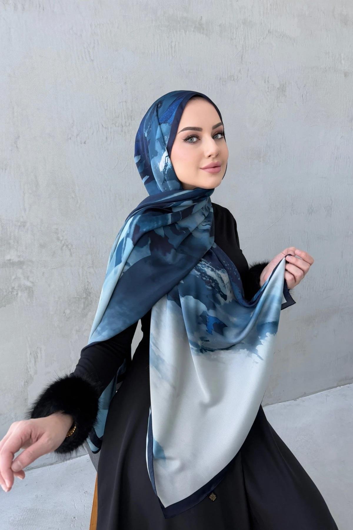 Lacivert Katre Kumlu İpek Şal 