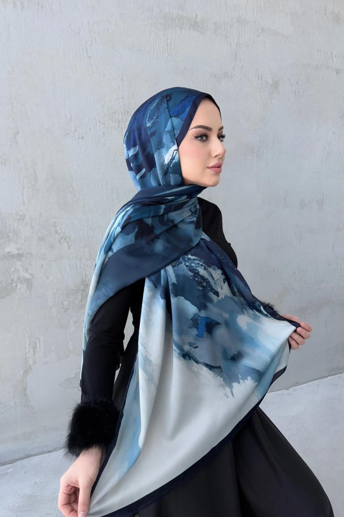 Lacivert Katre Kumlu İpek Şal 