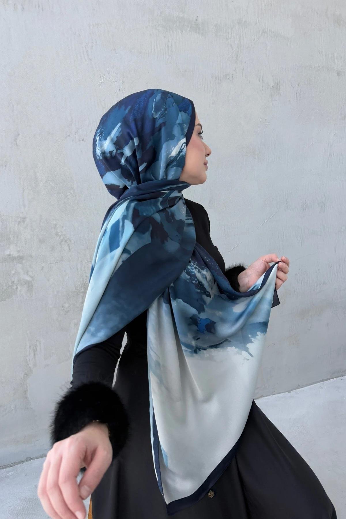 Lacivert Katre Kumlu İpek Şal 