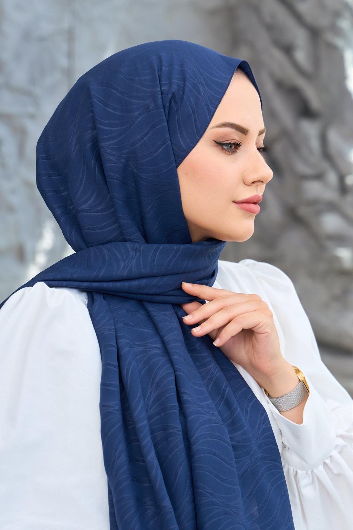 Lacivert Kendinden Desenli Fresh Şal