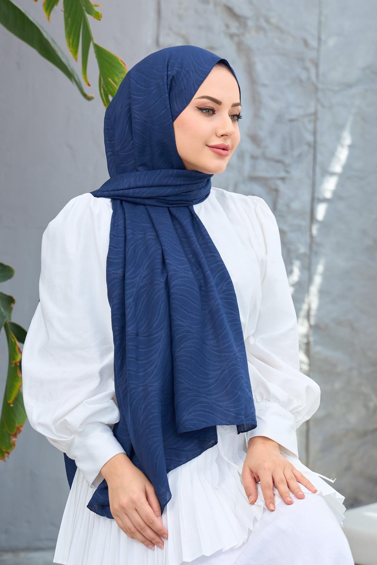 Lacivert Kendinden Desenli Fresh Şal