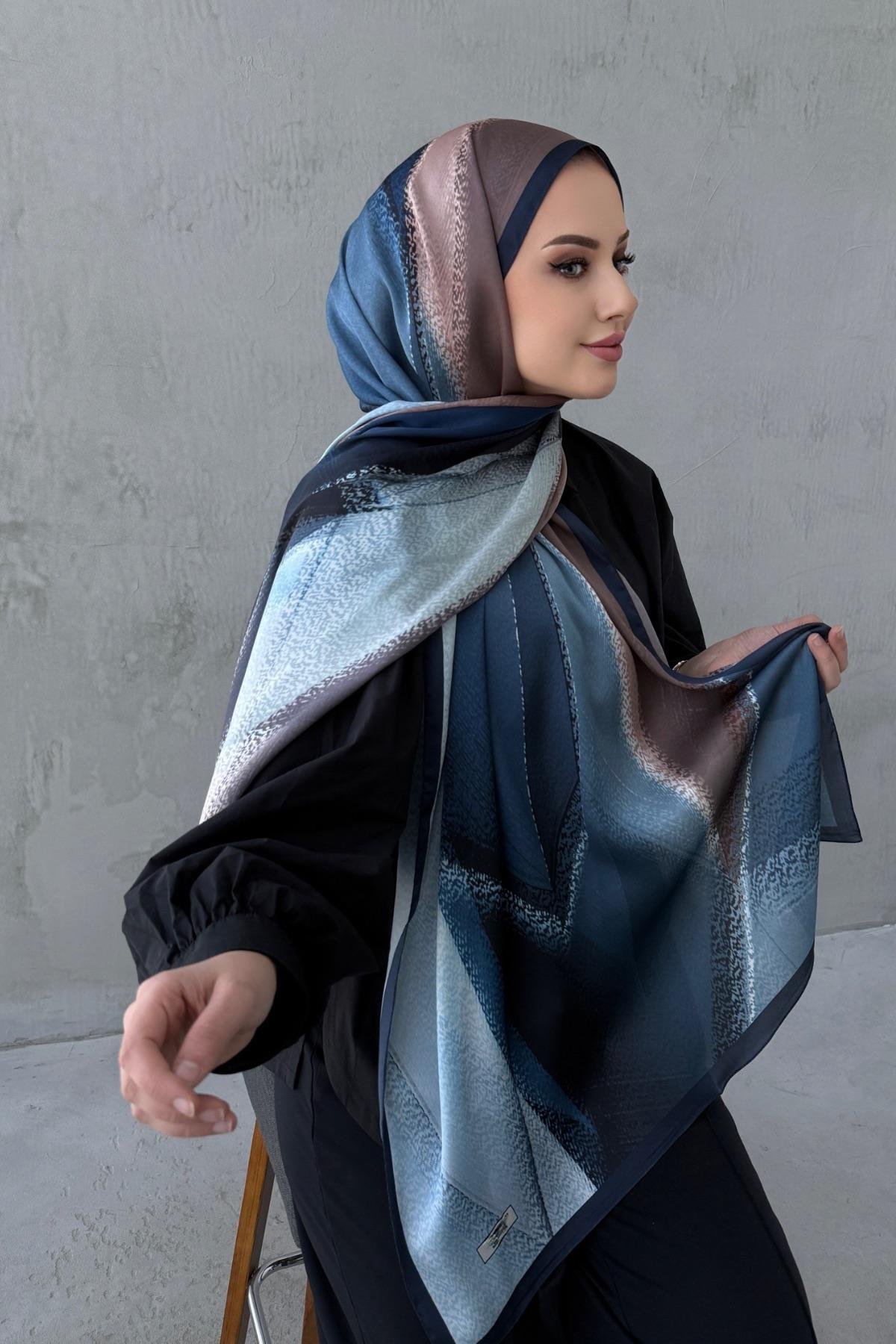 Lacivert Kumsal Bohem Kumlu İpek Şal