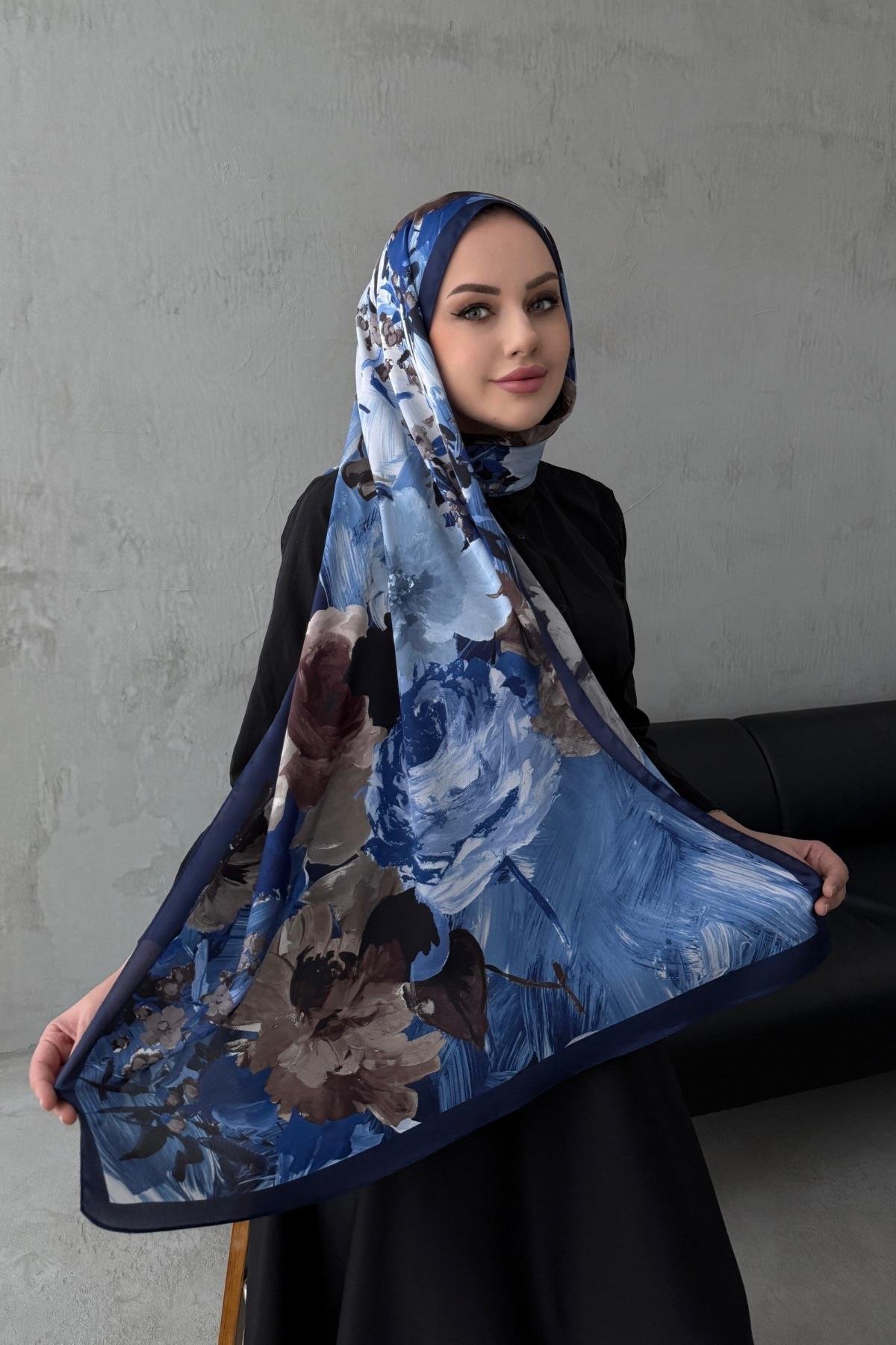 Lacivert Lara Kumlu İpek Şal 