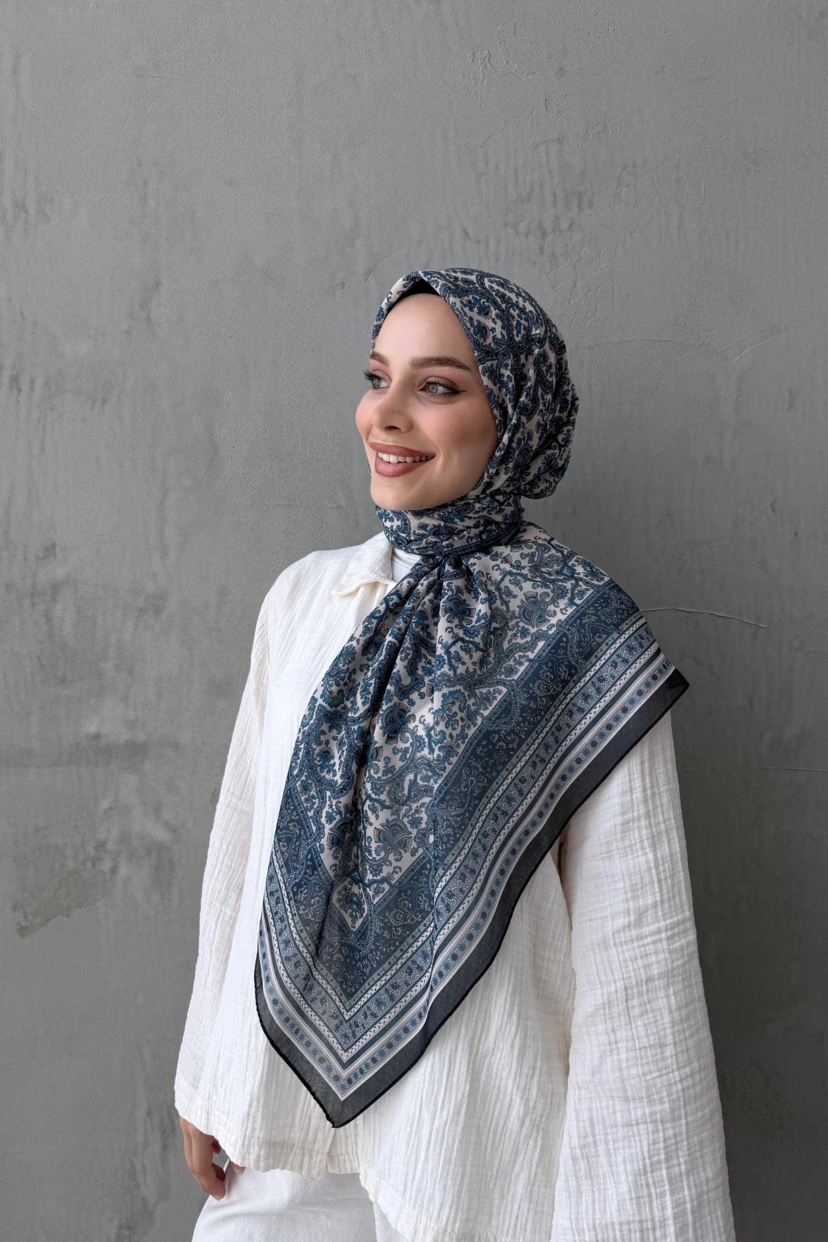 Lacivert Mahi Bohem Modal İpek Şaleşarp