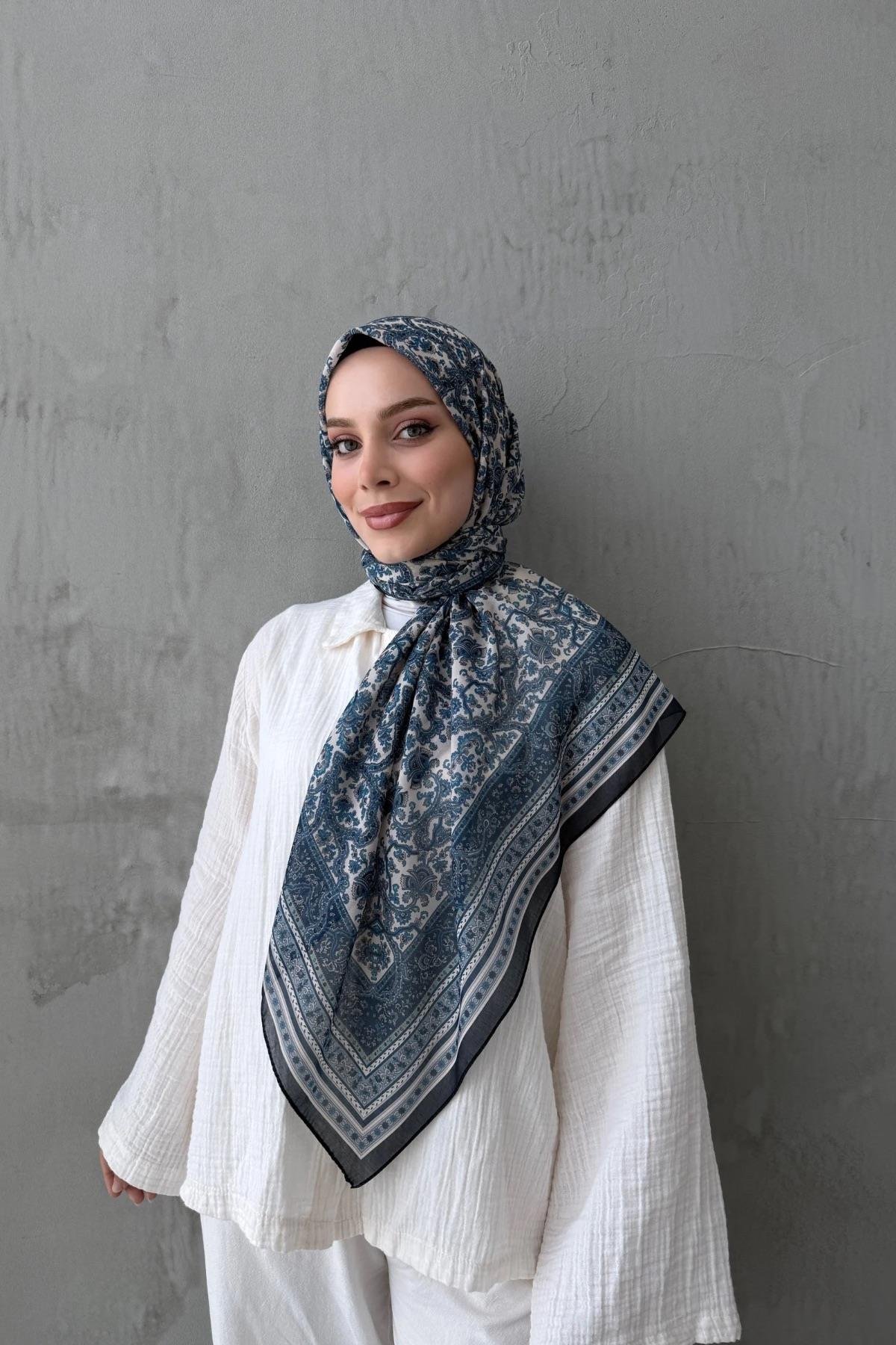 Lacivert Mahi Bohem Modal İpek Şaleşarp