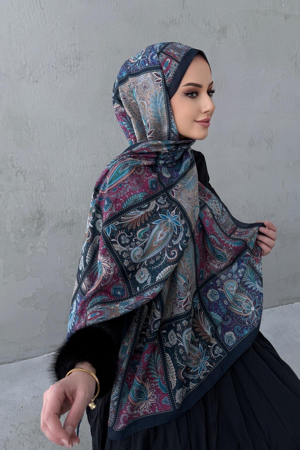 Lacivert Maveran Bohem Modal İpek Şal