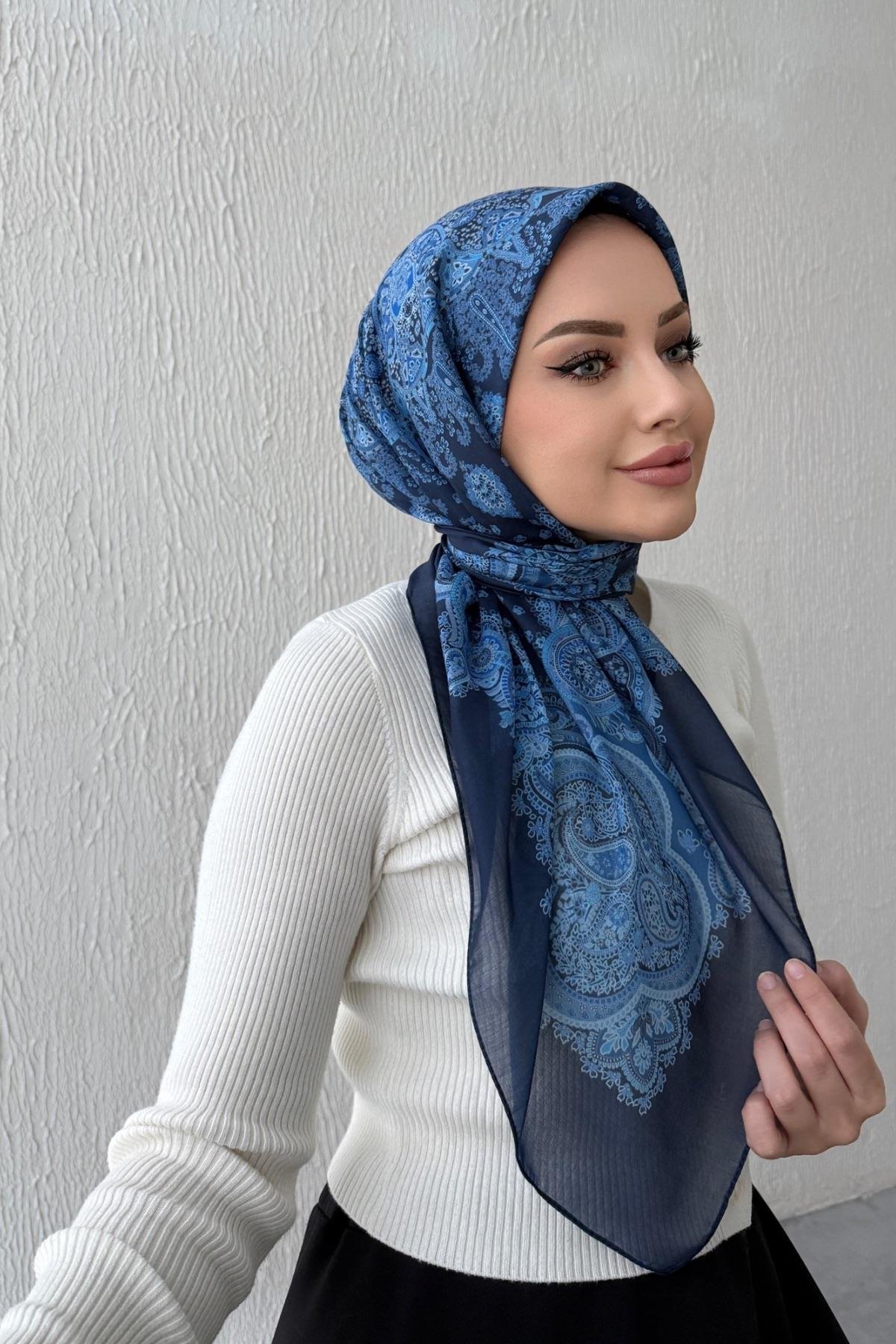 Lacivert & Mavi Mira Bohem Modal İpek Eşarp