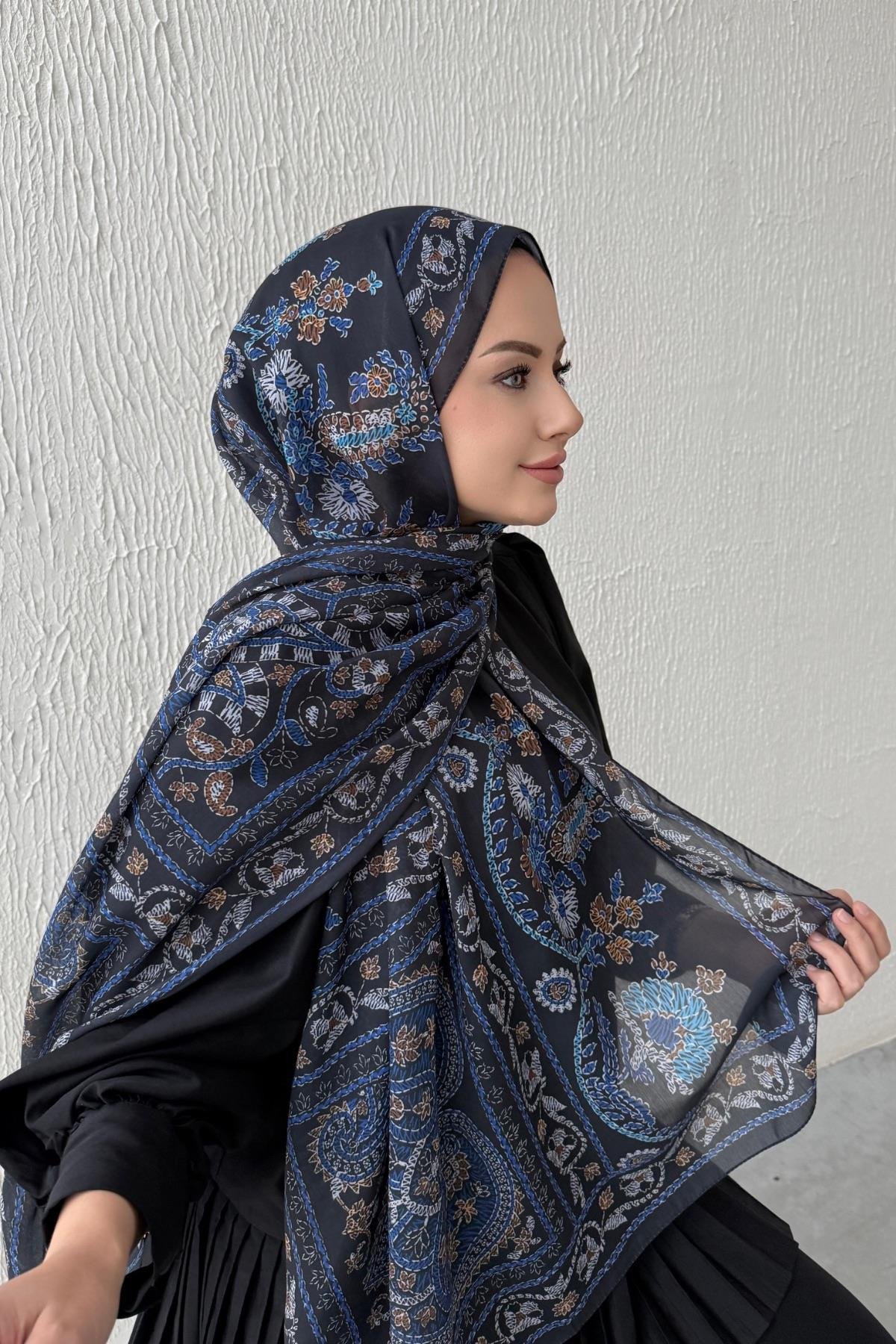 Lacivert Mihrimah Bohem Modal İpek Şal  