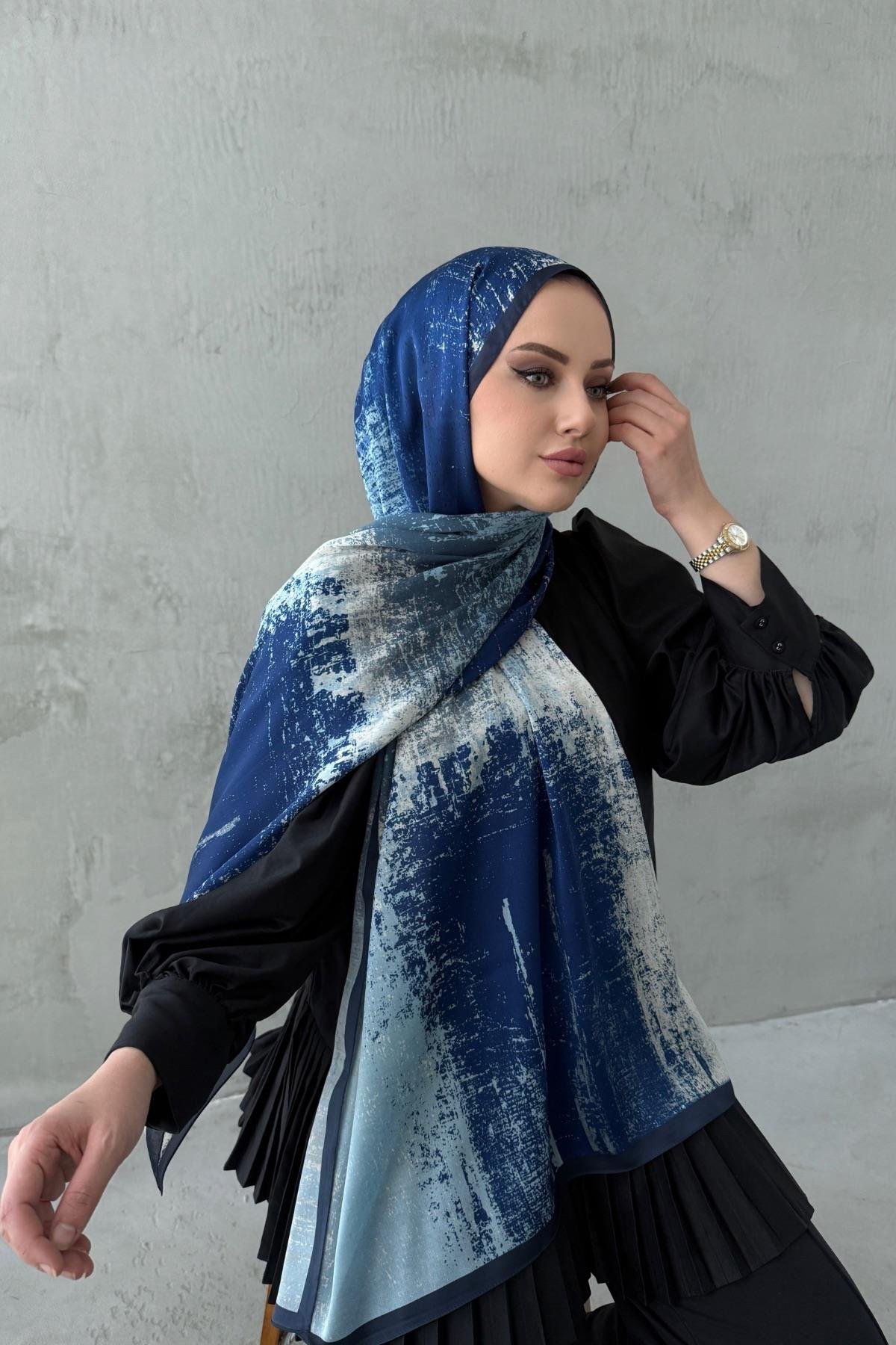 Lacivert Piraye Bohem Kumlu İpek Şal