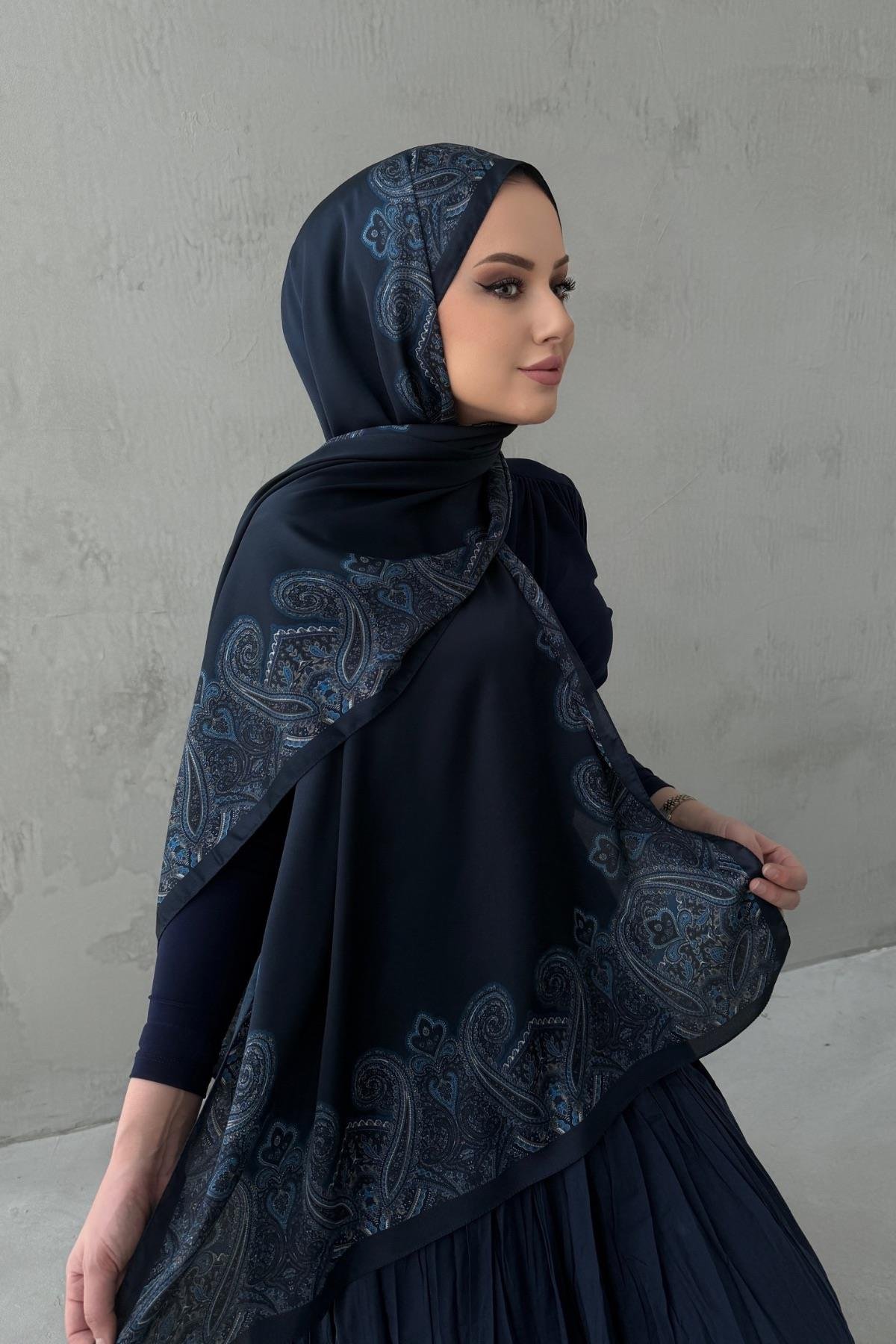 Lacivert Rozalie Bohem Kumlu İpek Şal 