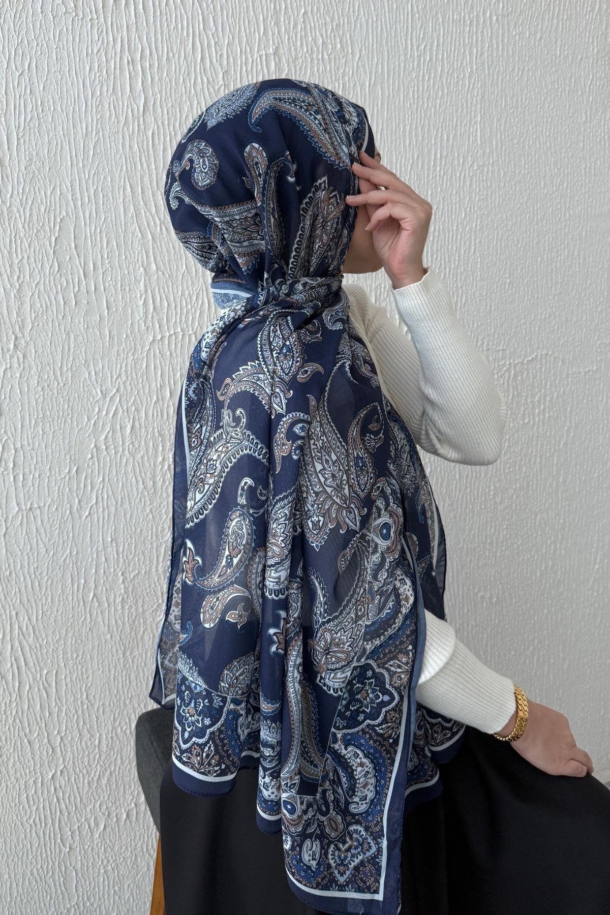 Lacivert Şehrazat Bohem Modal İpek Şal