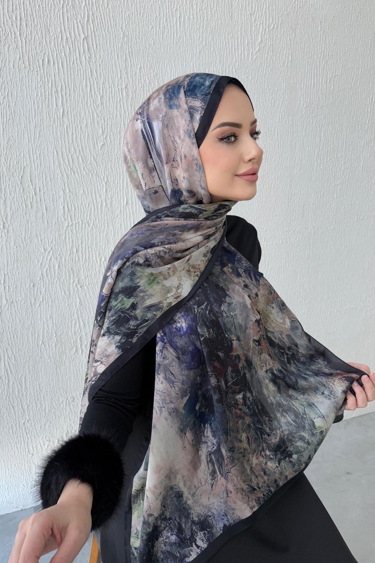 Lacivert & Yeşil Kumlu İpek Şal 