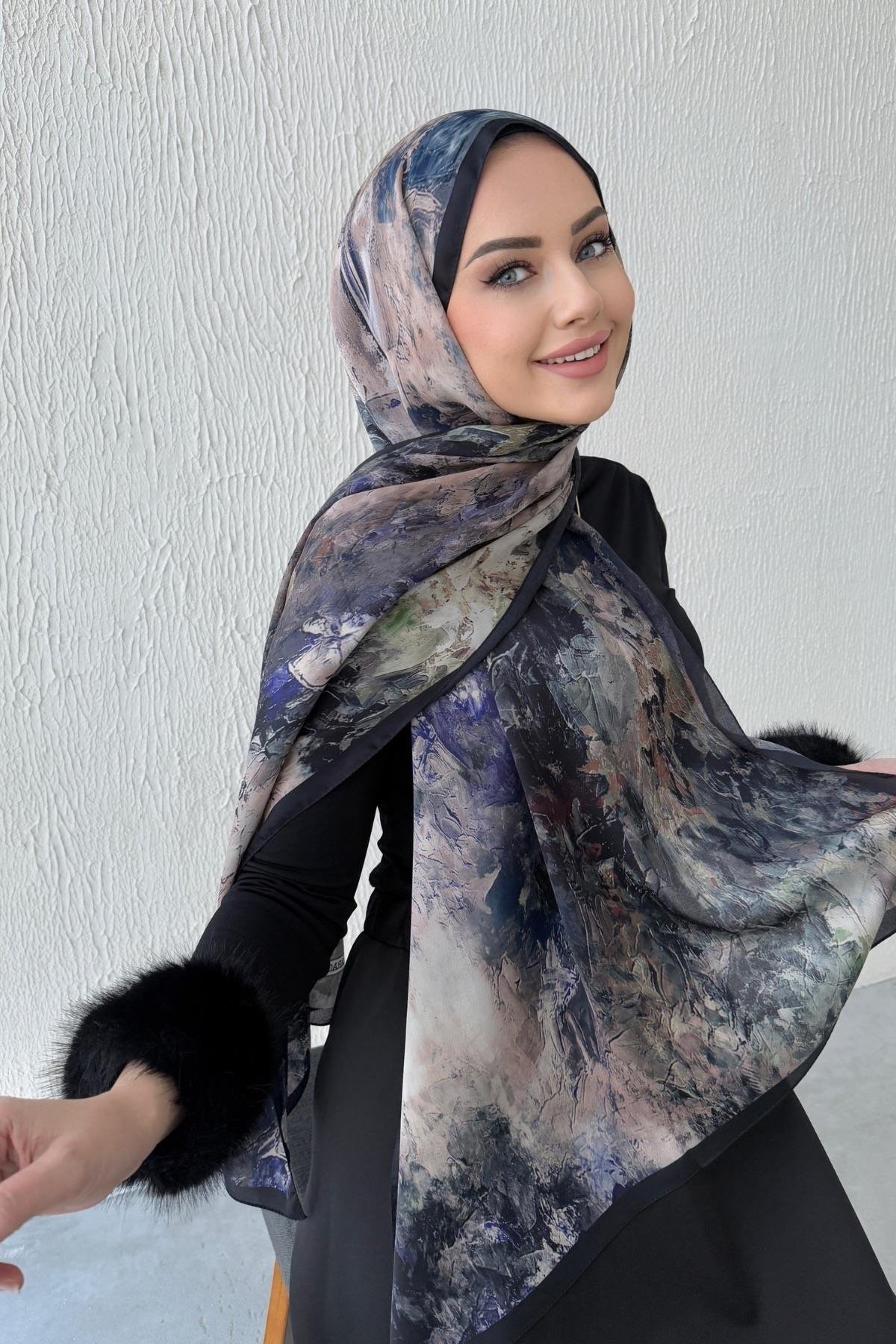 Lacivert & Yeşil Kumlu İpek Şal 