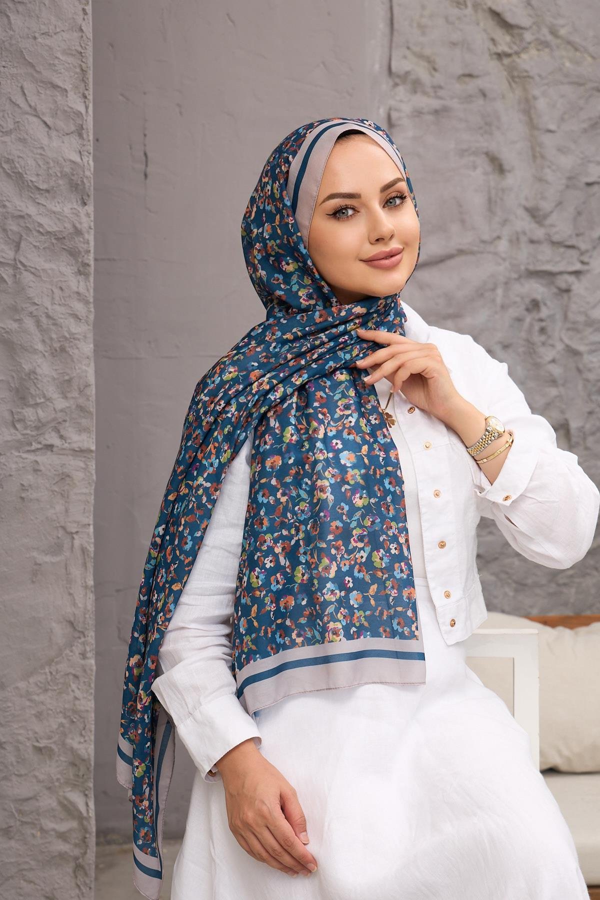 Lacivert Yonca Dijital Soft Şal