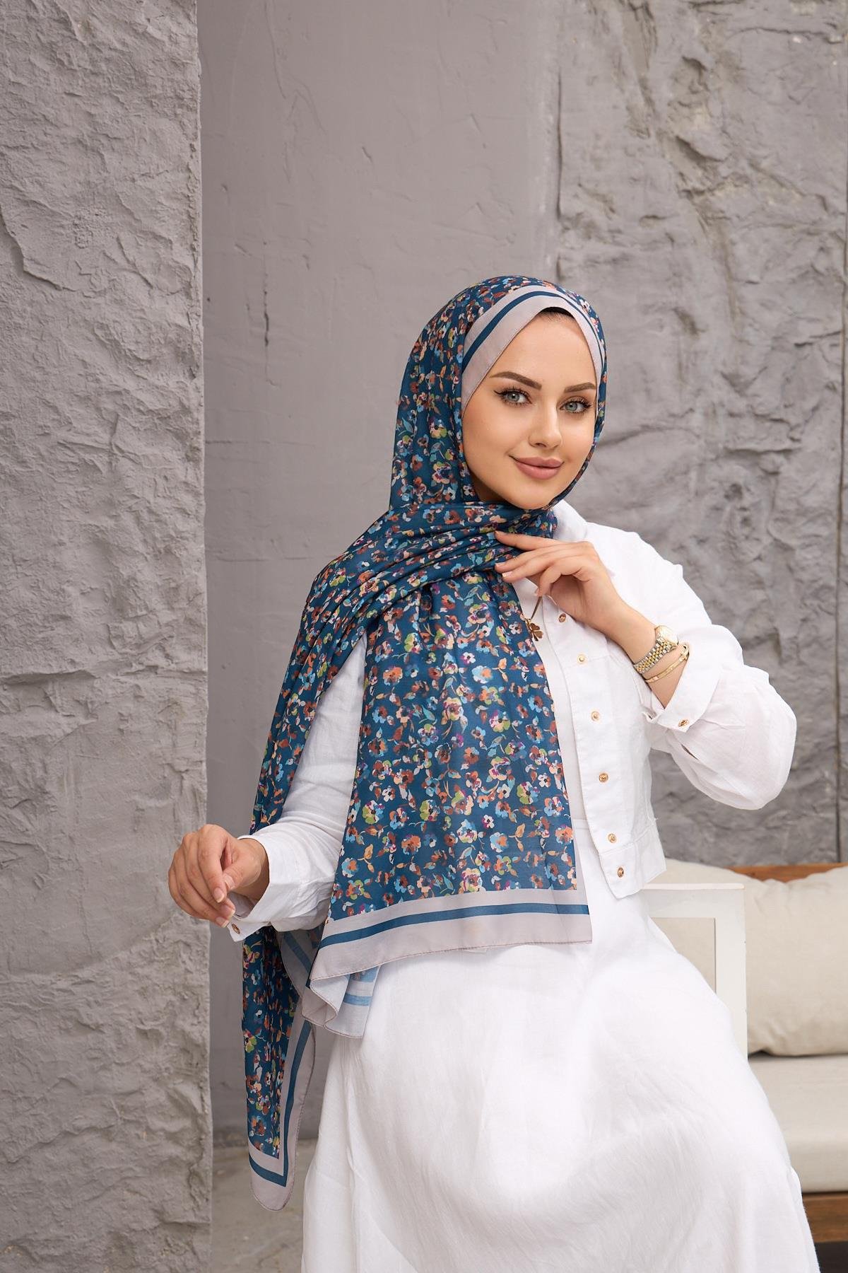 Lacivert Yonca Dijital Soft Şal