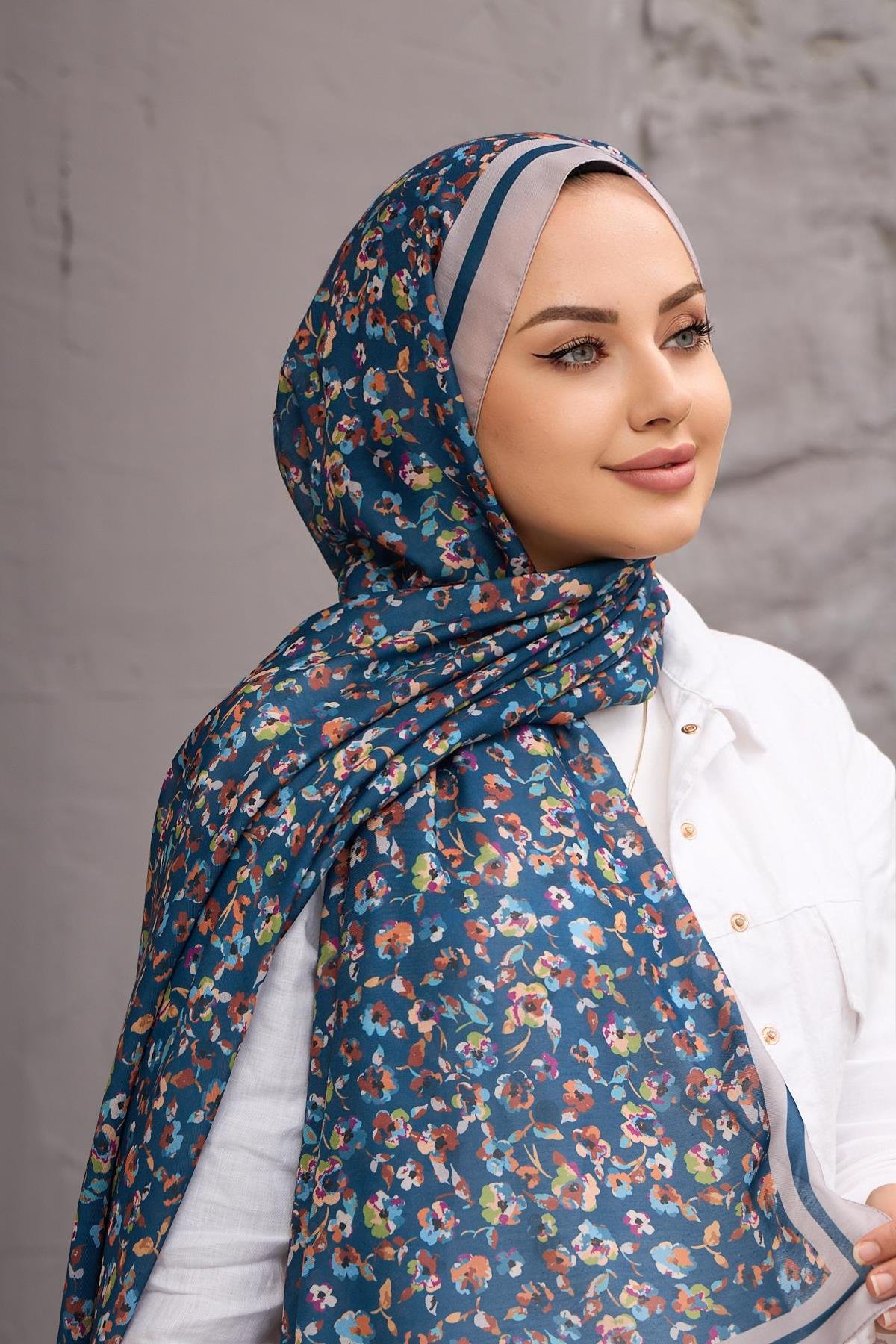 Lacivert Yonca Dijital Soft Şal