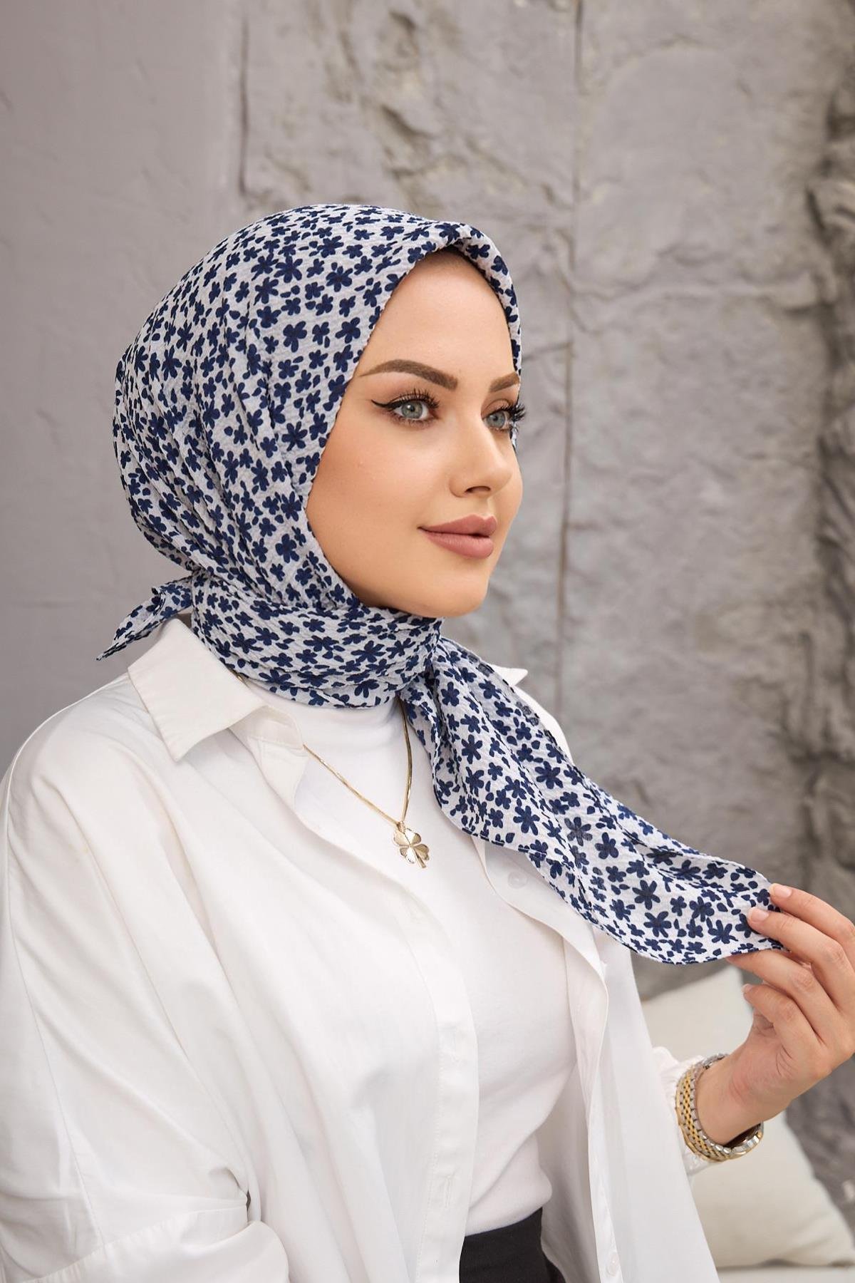 Lacivert Yonca Naturel Eşarp