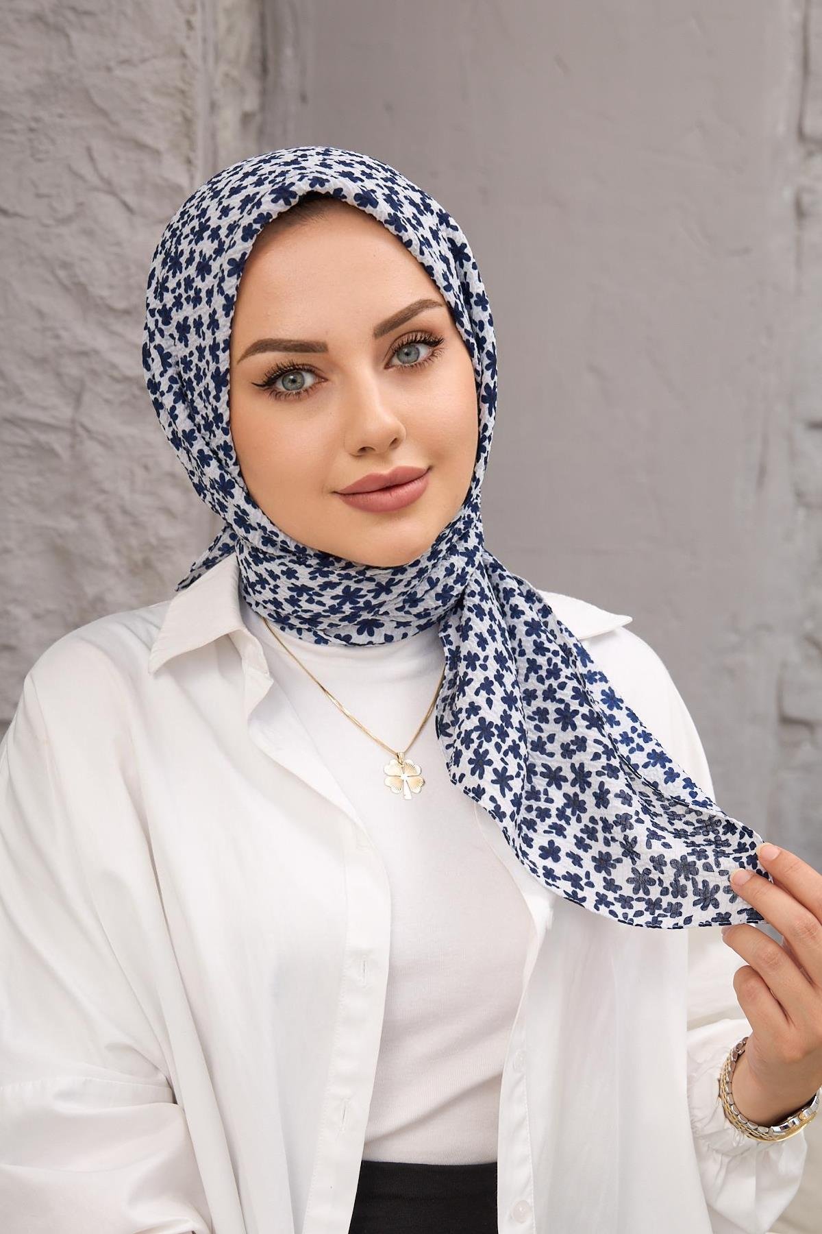 Lacivert Yonca Naturel Eşarp