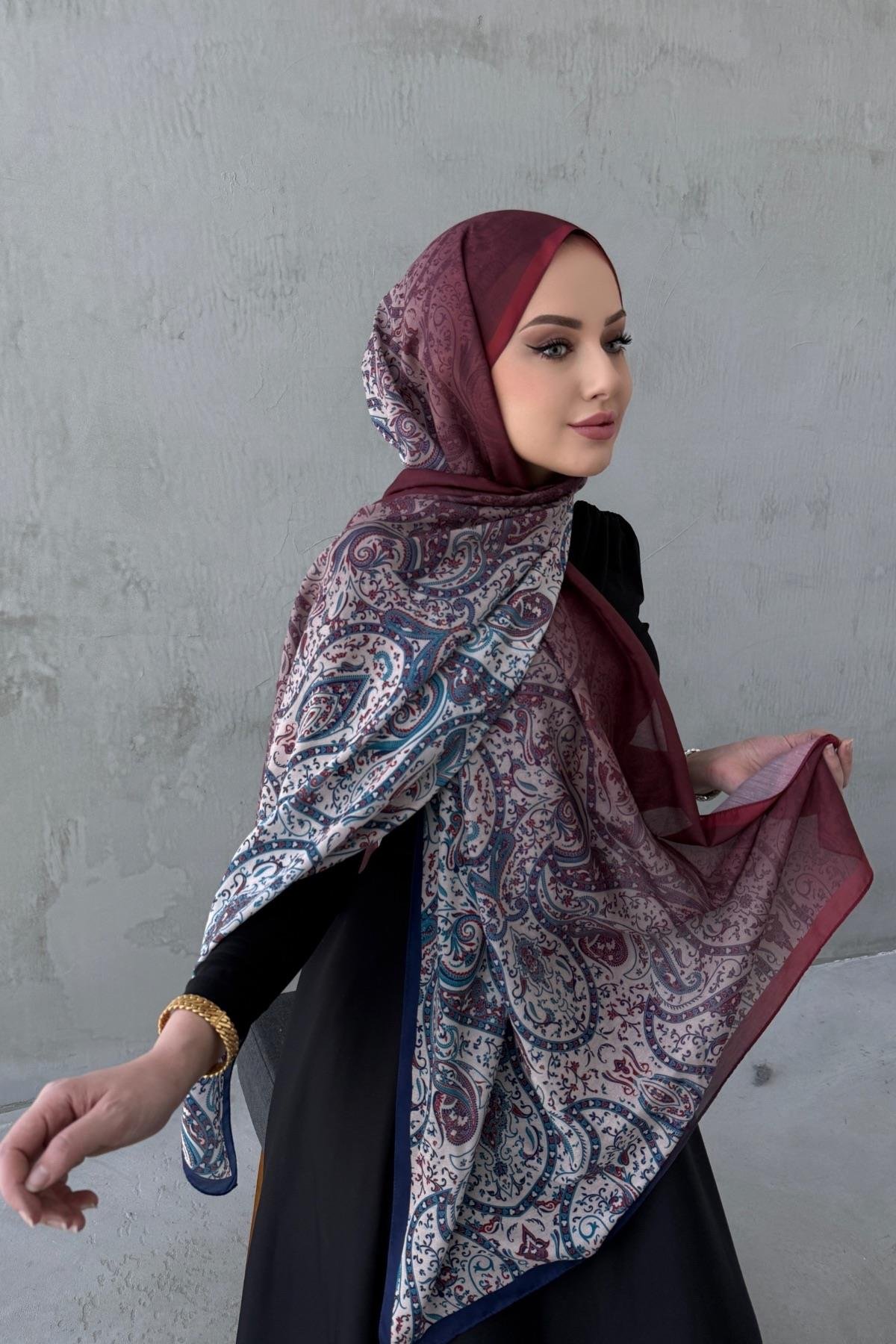 Lacivert&Bordo Hare Bohem Modal İpek Şal