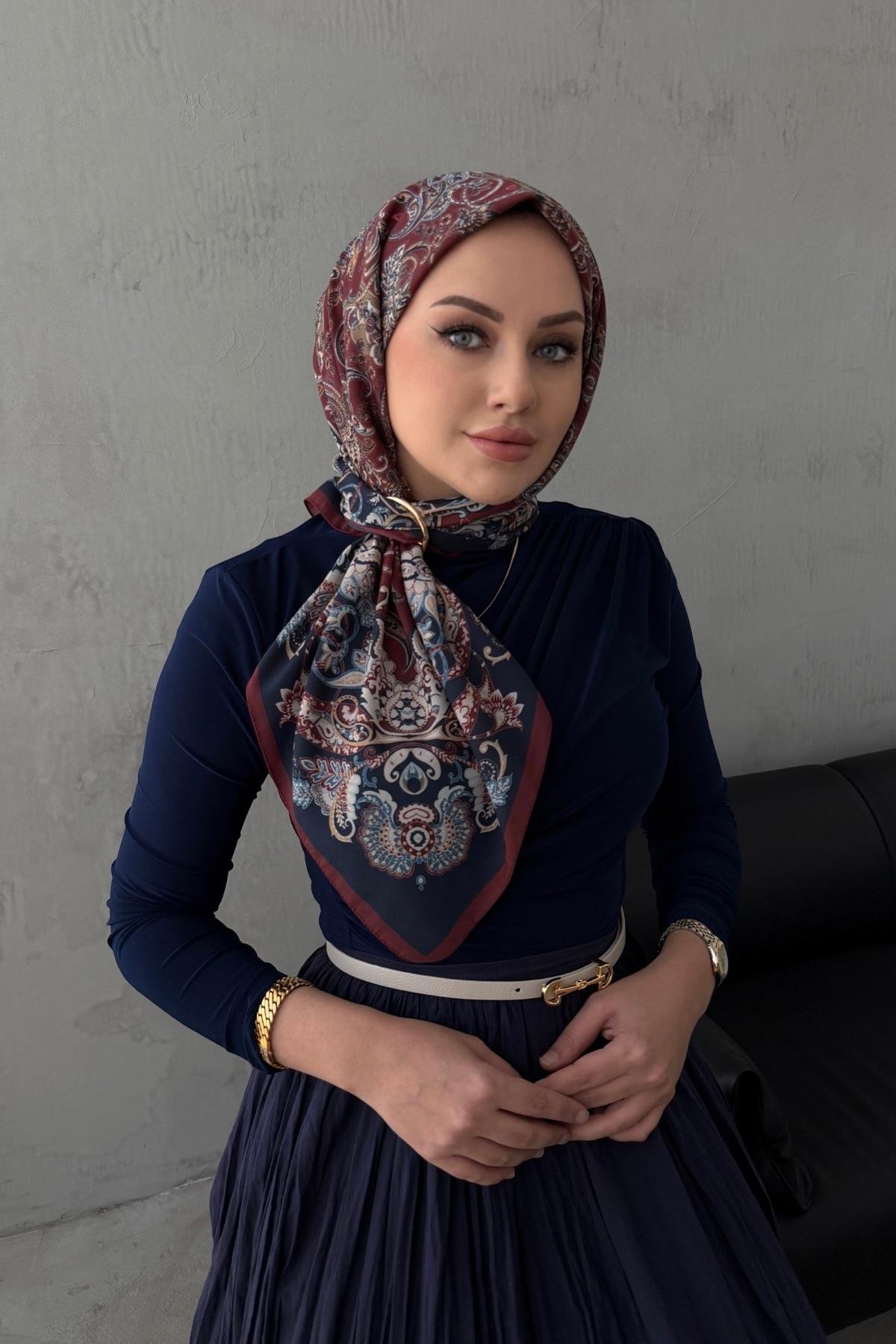 LacivertBordo İnci Bohem Modal İpek Eşarp