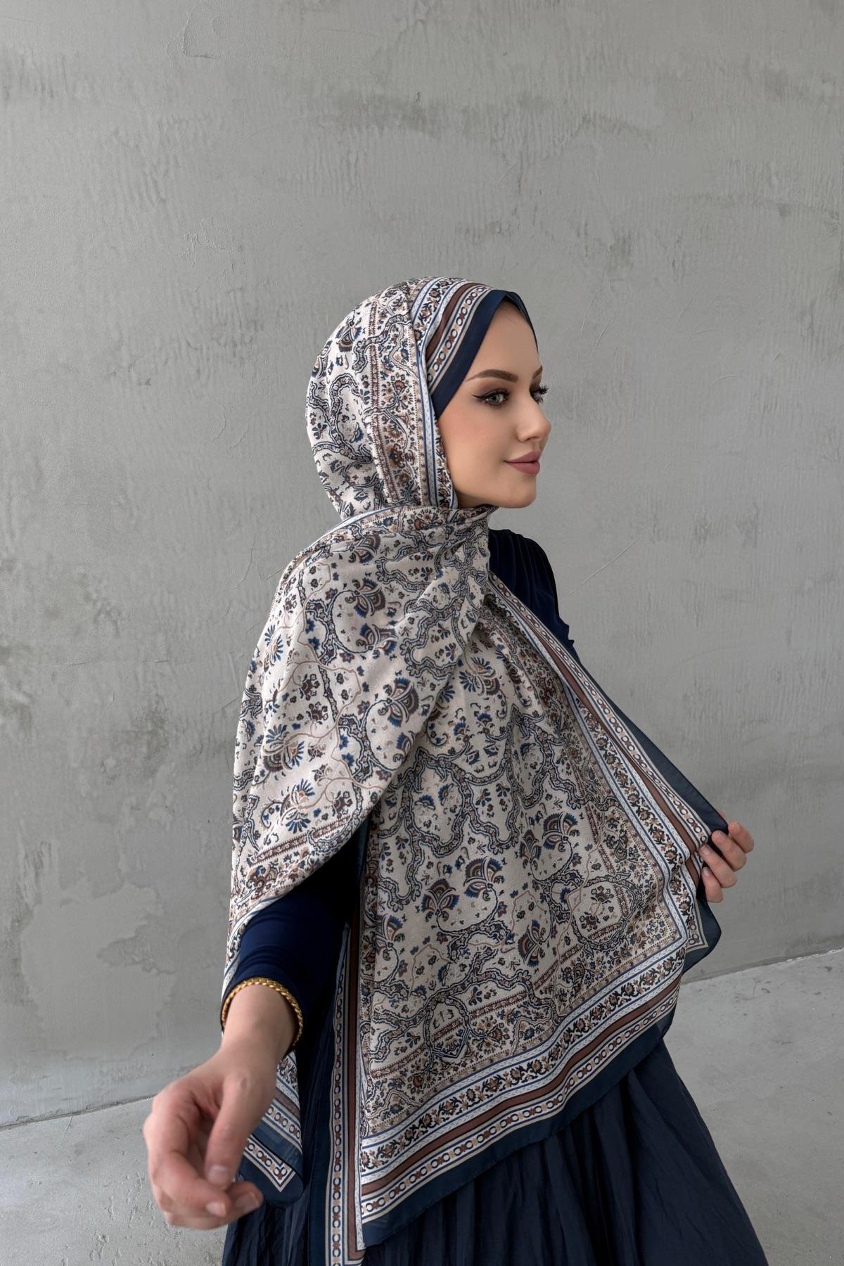 Lacivert&Kahverengi Bohem Modal İpek Şal (12)