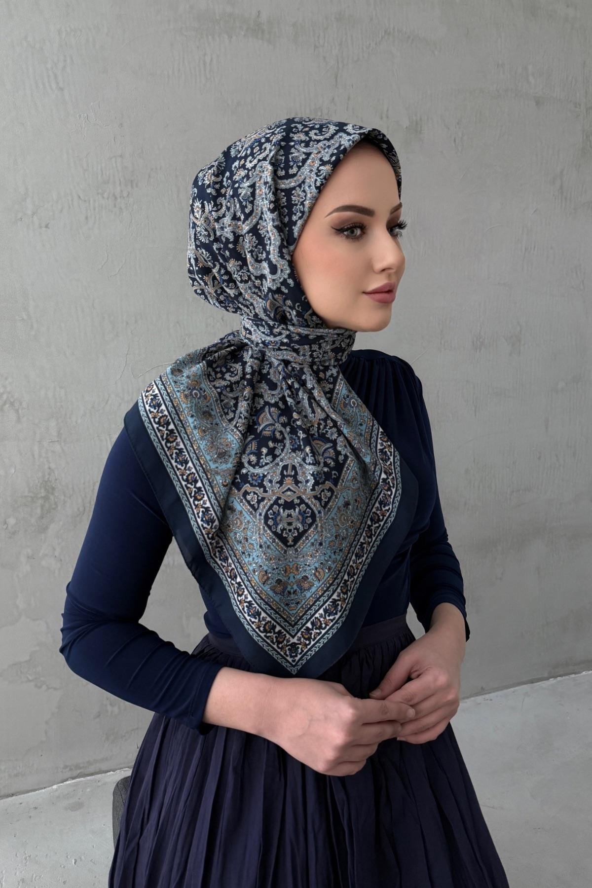 Lacivert&Mavi Bohem Modal İpek Eşarp