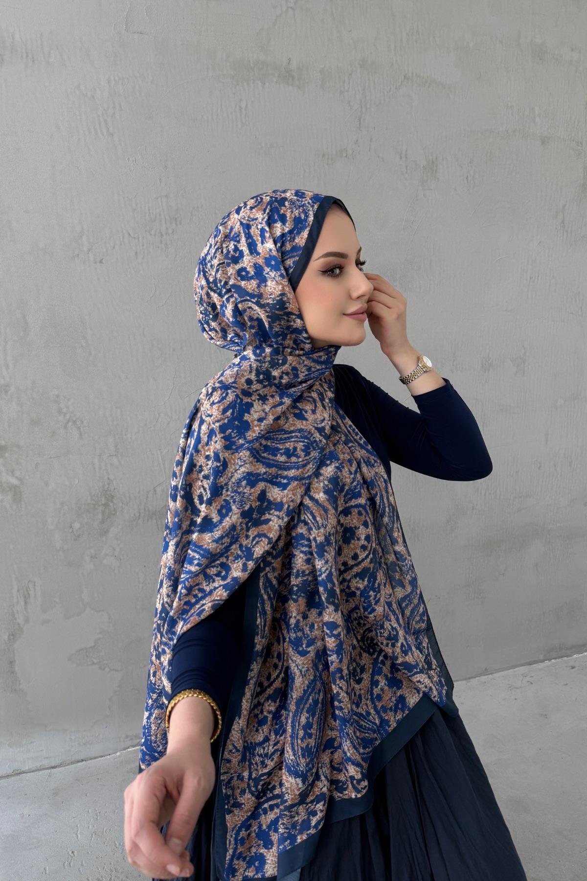 Lacivert&Parlament Bohem Modal İpek Şal (8)