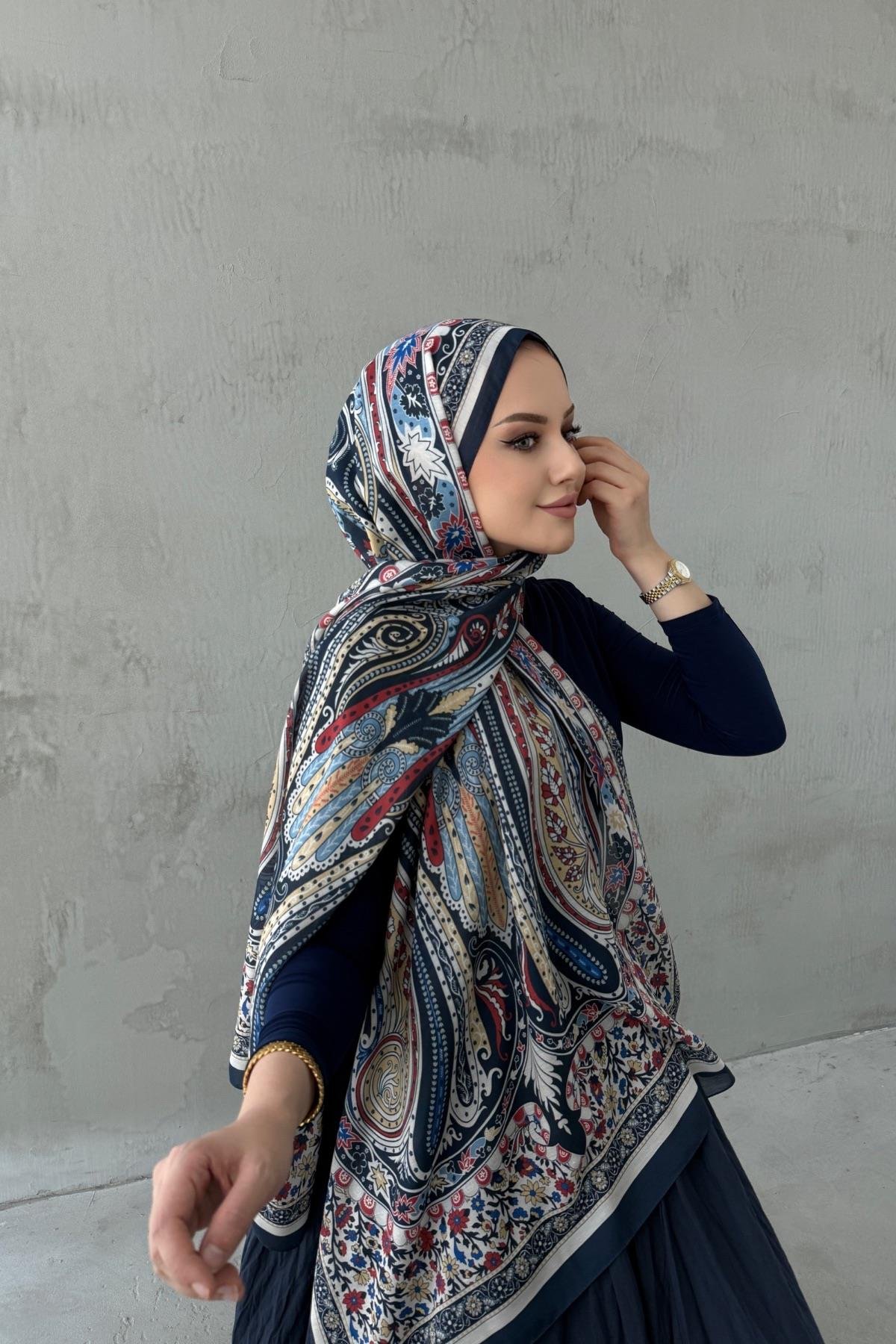 Lacivert&Renkli Bohem Modal İpek Şal (5)