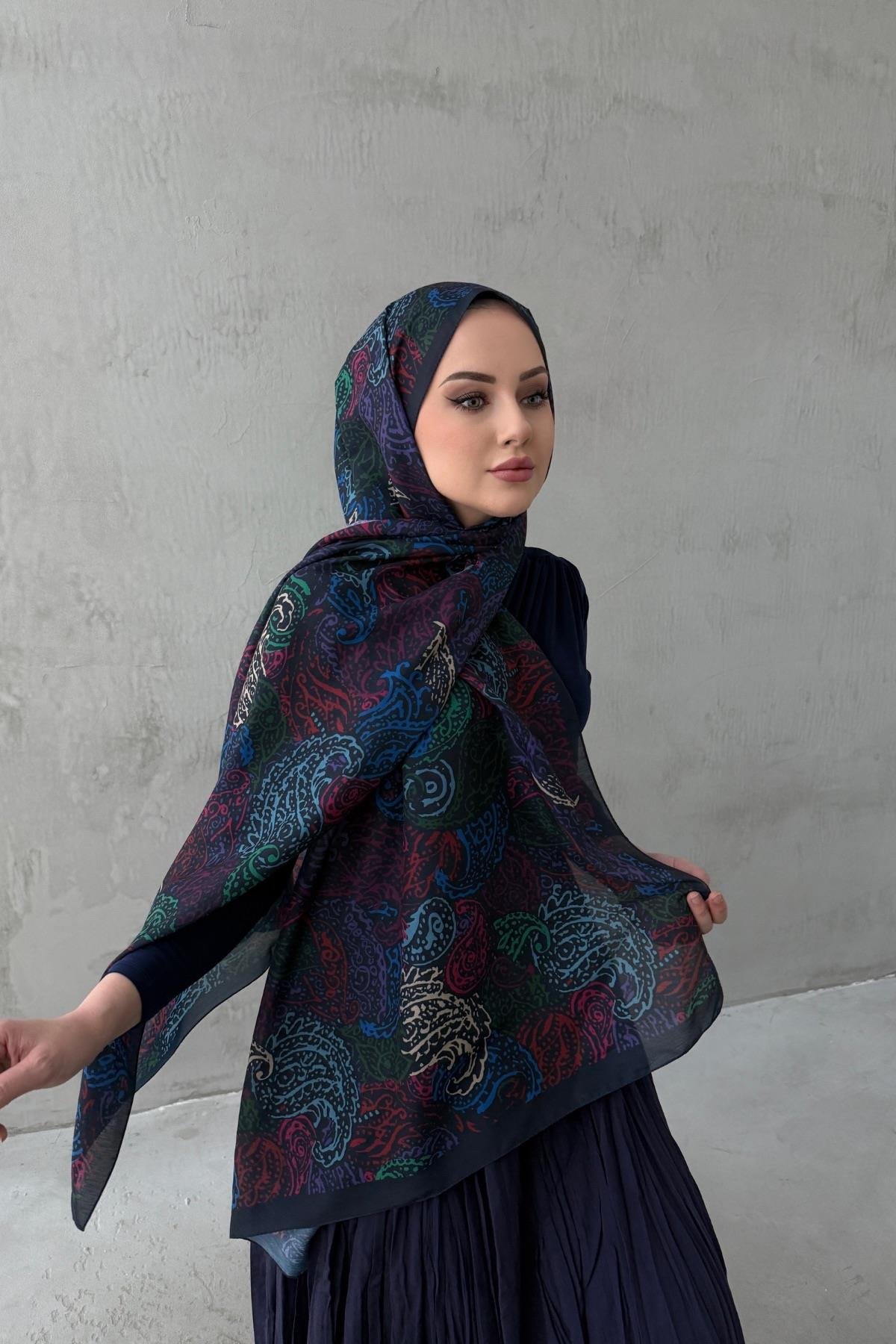 Lacivert&Yeşil Alaca Bohem Modal İpek Şal