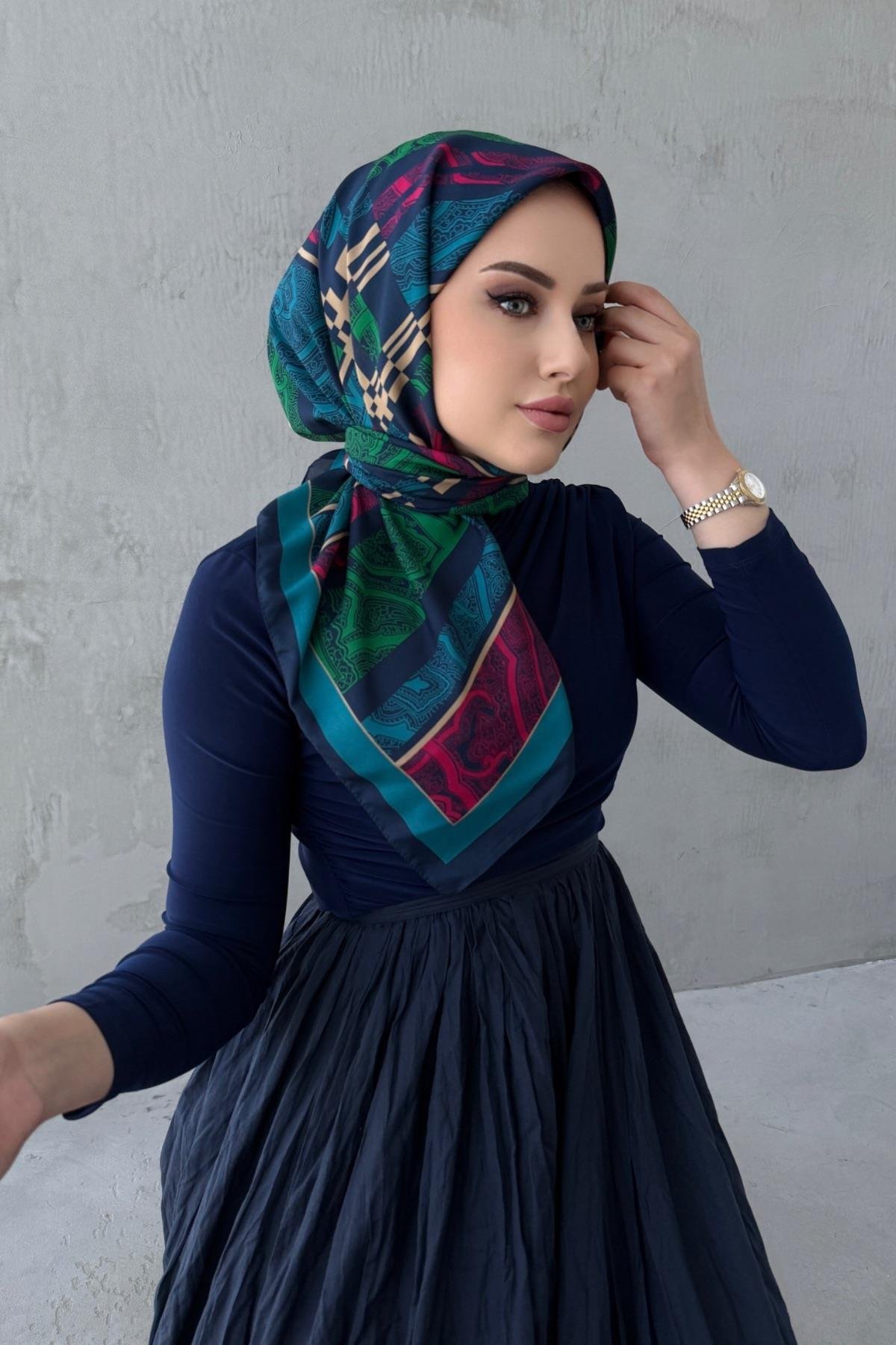 Lacivert&Yeşil Kardelen Bohem Modal İpek Eşarp