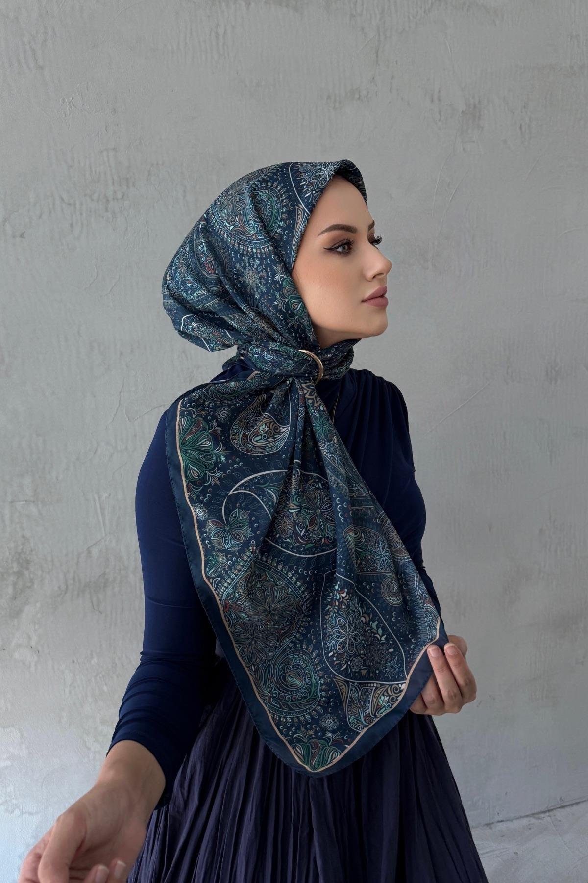 Lacivert&Yeşil Şehvar Bohem Modal İpek Şaleşarp