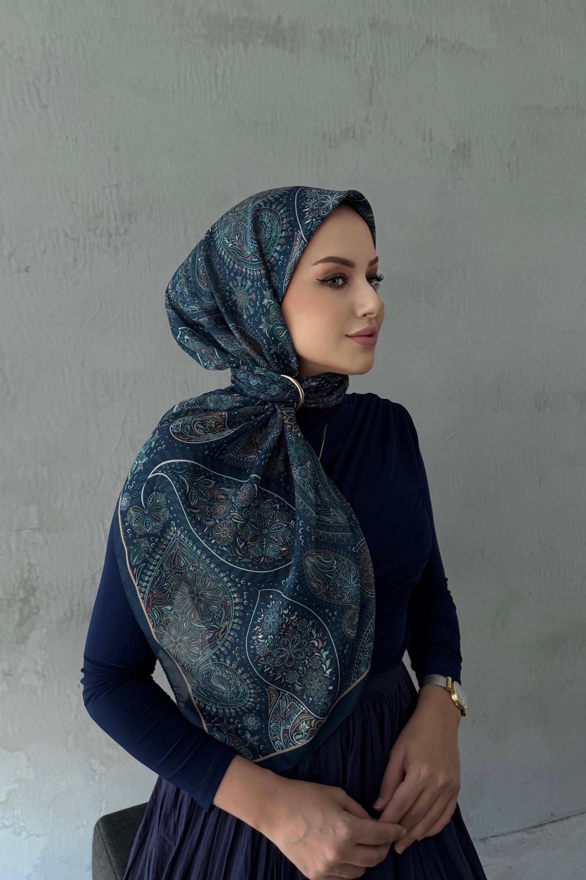 Lacivert&Yeşil Şehvar Bohem Modal İpek Şaleşarp