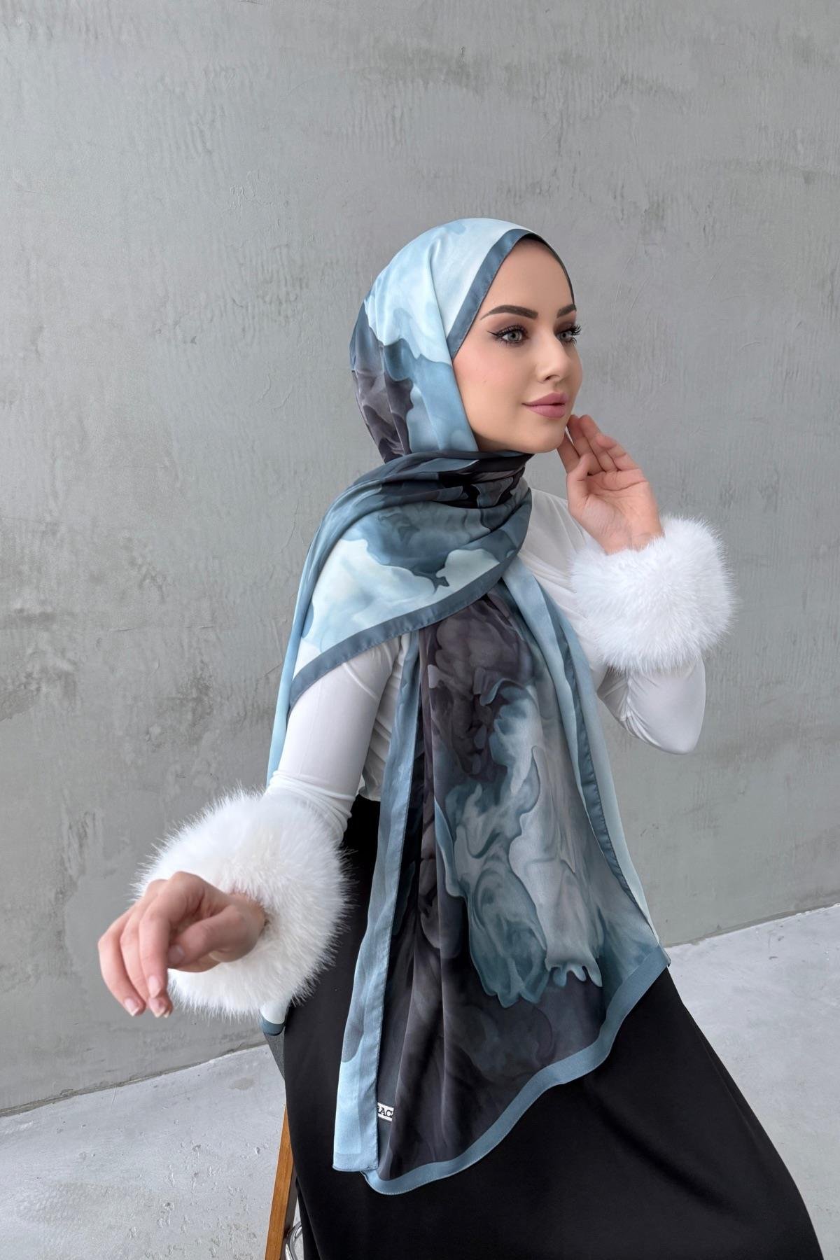 Mavi Eftelya Kumlu İpek Şal 