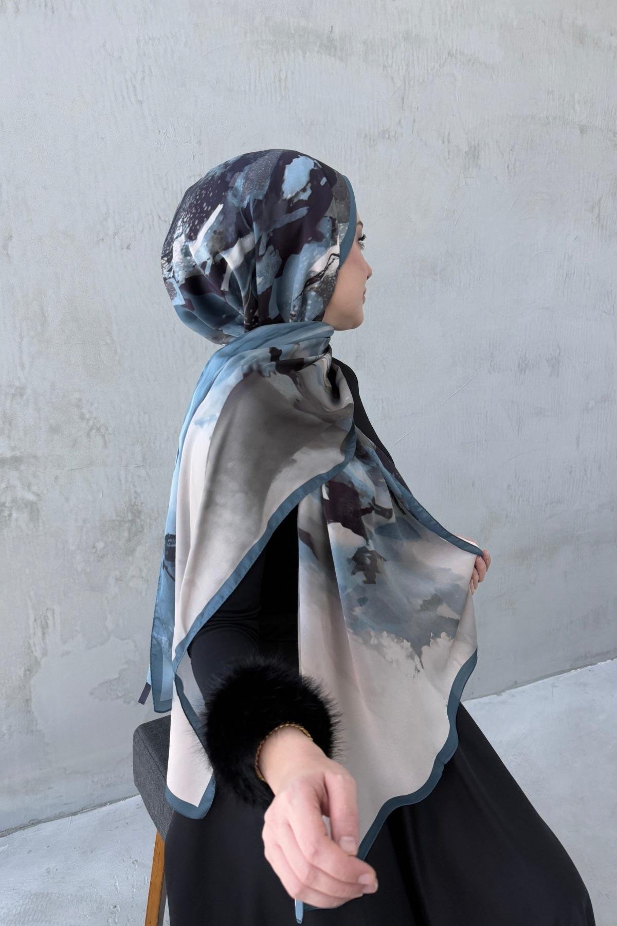 Mavi Katre Kumlu İpek Şal 