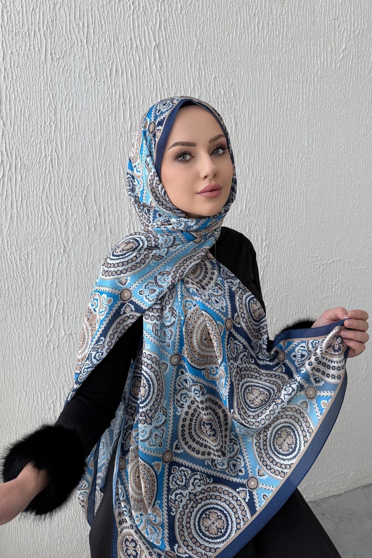 Mavi Kösem Hint İpeği Şal