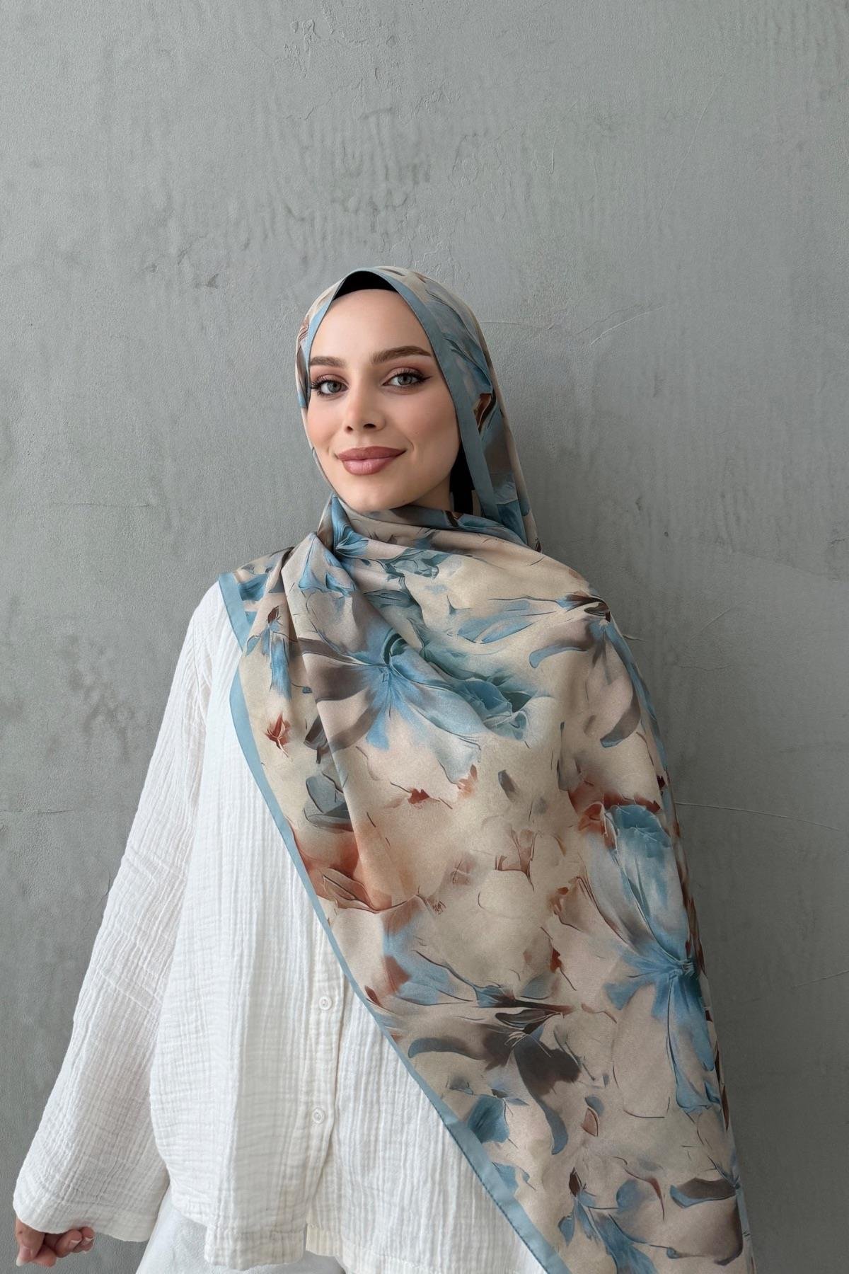 Mavi Leva Modal İpek Şal