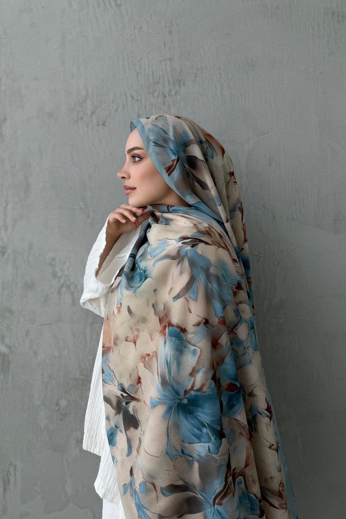 Mavi Leva Modal İpek Şal