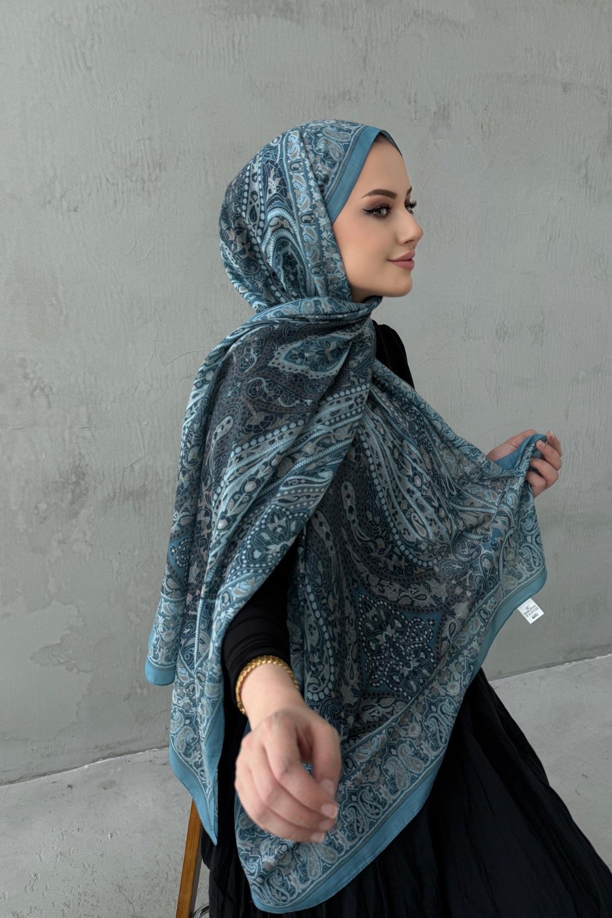 Mavi Şazeli Bohem Modal İpek Şal