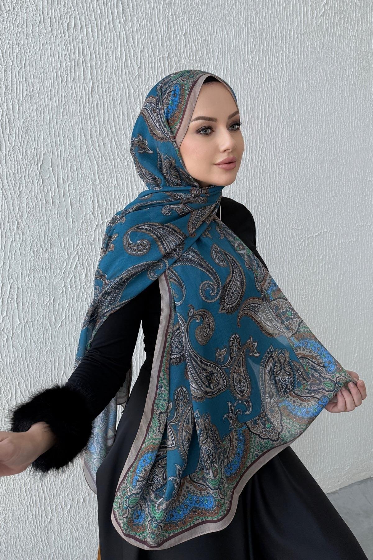 Mavi Şehrazat Bohem Modal İpek Şal