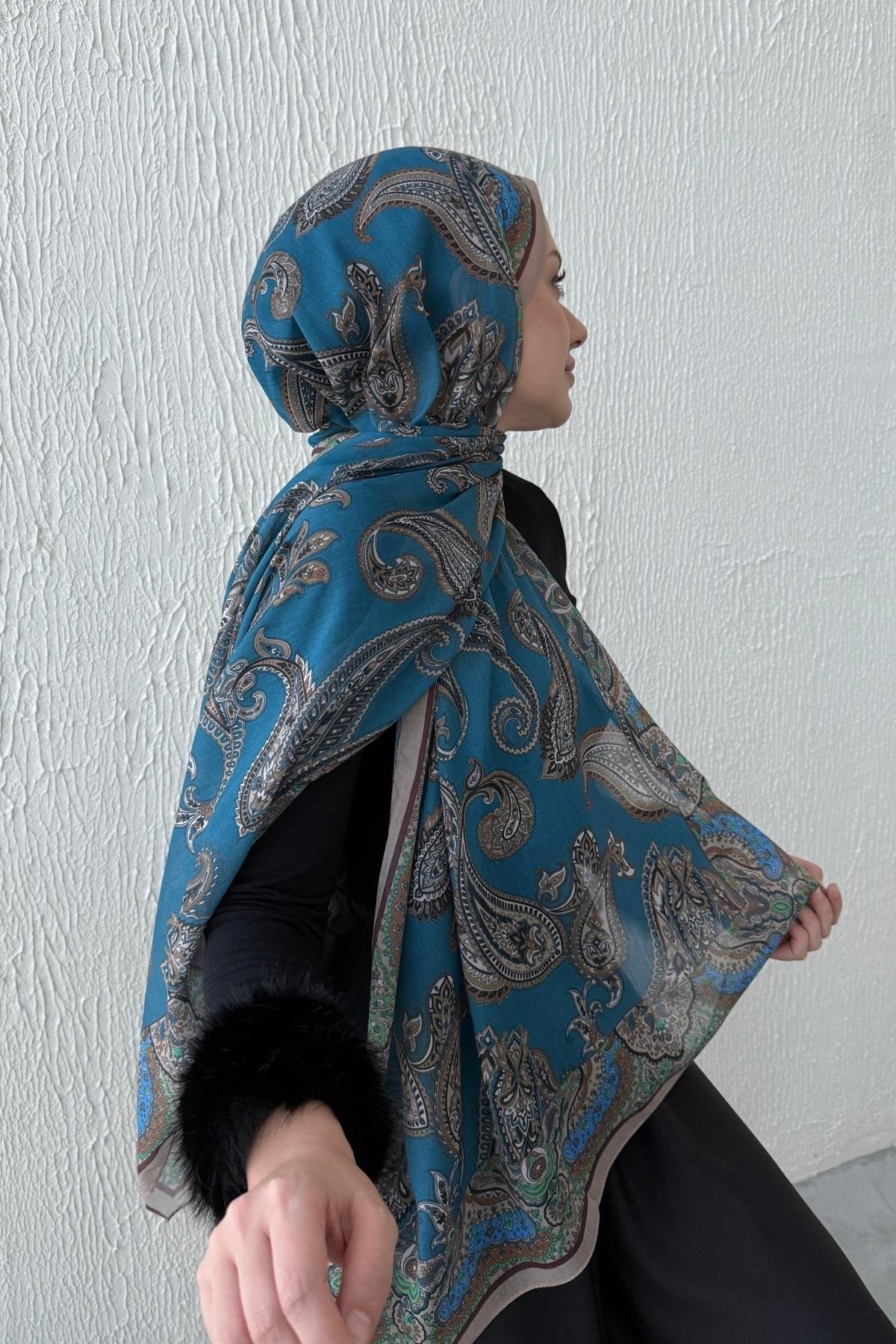 Mavi Şehrazat Bohem Modal İpek Şal